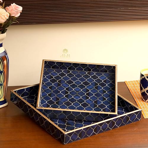 DULI Set of 2 MDF Wood Enamel Coated Multipurpose Trays| Serving Tray for Home & Dining Table | Multipurpose Tray | Water & Heat Resistant Durable| (10 * 10 & 12 * 12 Inches) (Navy Drops), Square