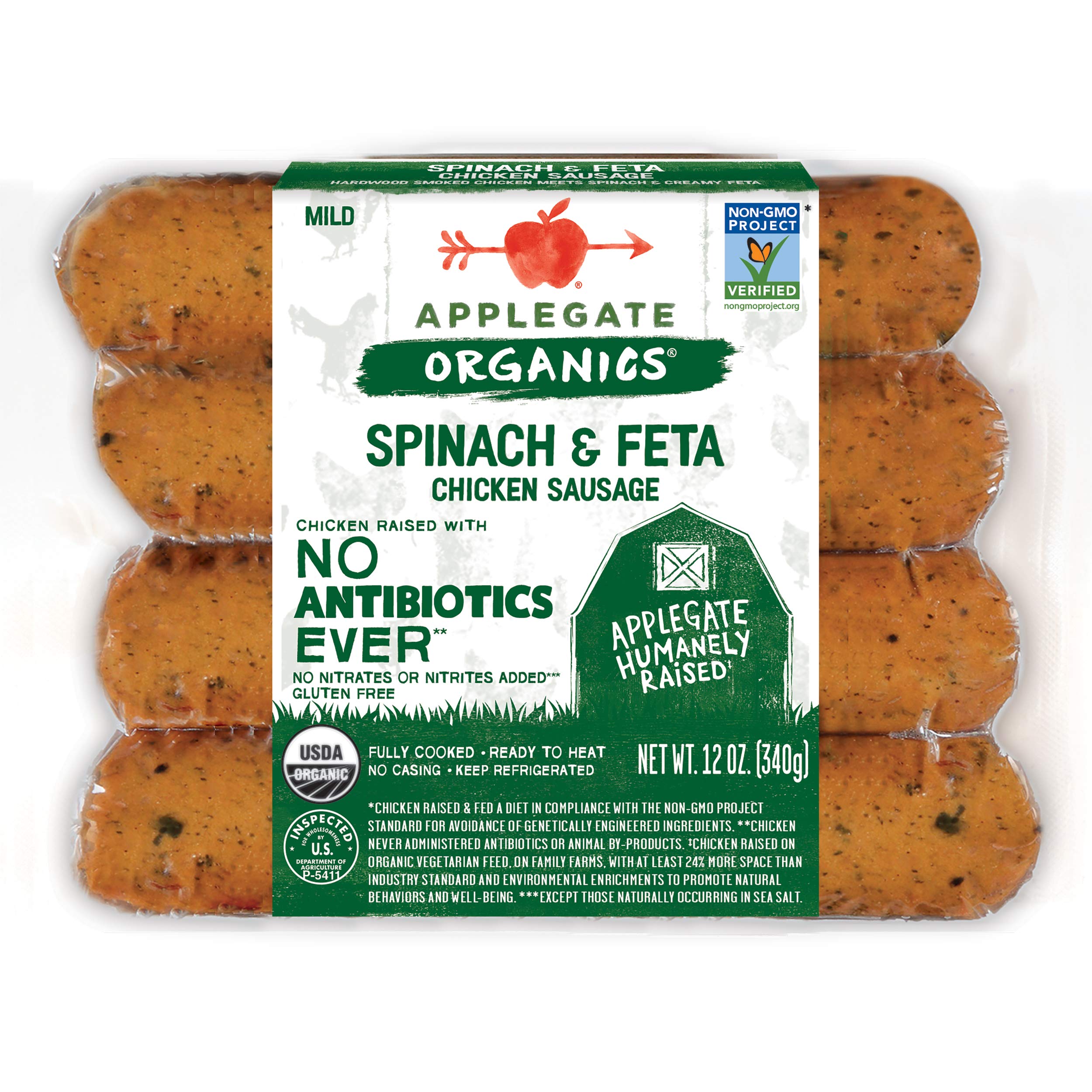Applegate, Organic Spinach & Feta Chicken Sausage, 12oz
