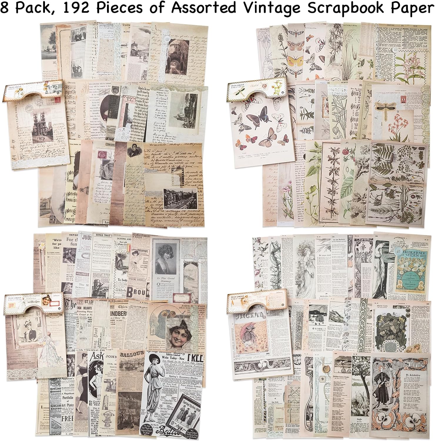 192 Sheets of Scrapbook Paper, Journaling Scrapbooking Supplies Craft Kits Vintage Room Decor Posters Decoupage Paper Ephemera for Junk Journals Bullet Journal Card Making Decorative Background