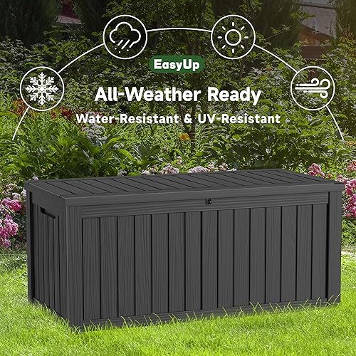 Vista 92 de EasyUp Caja de almacenamiento para exteriores de 230 galones, impermeable, resistente a los rayos UV, con varilla hidráulica, estabilidad reforzada