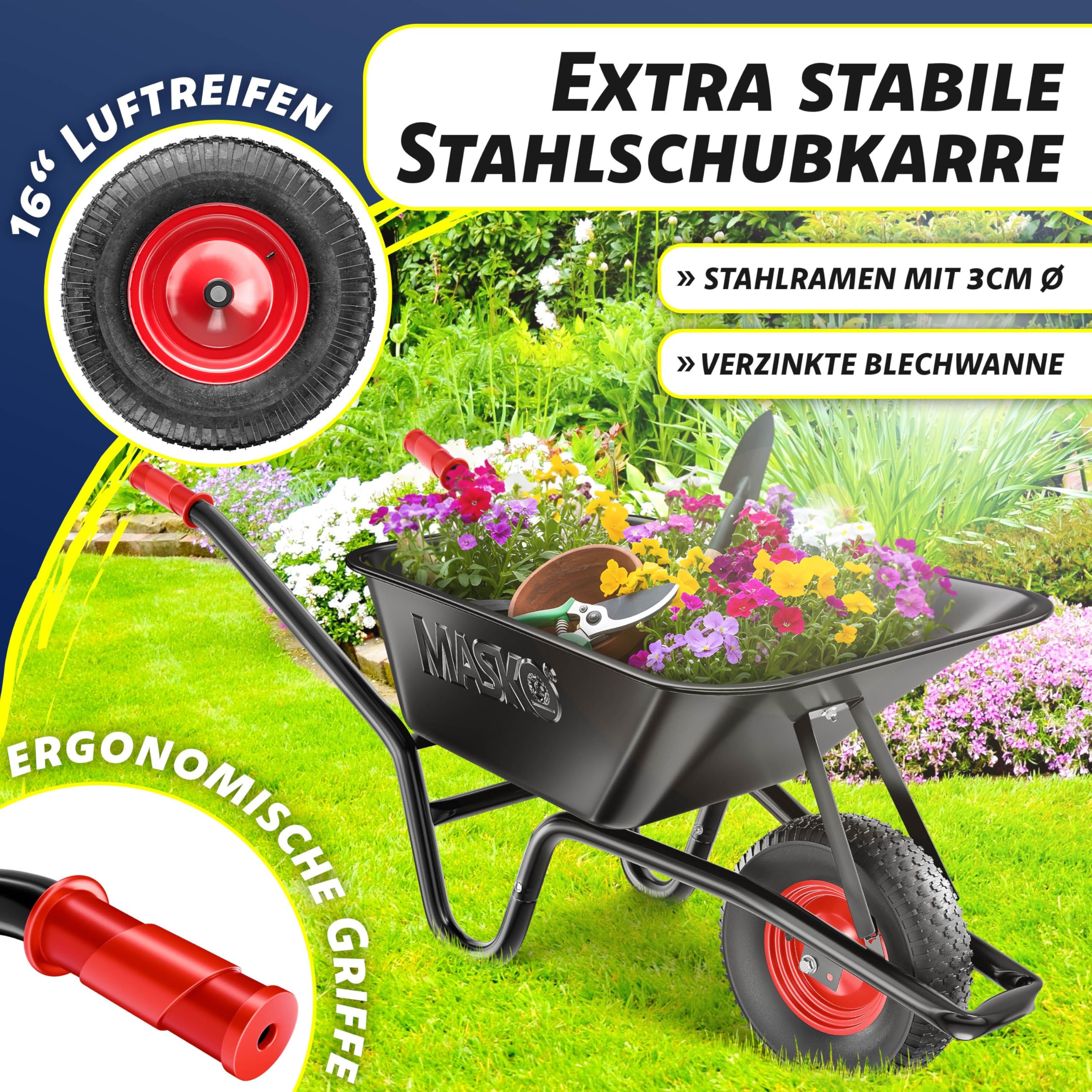 MASKO® Schubkarre Bauschubkarre Gartenschubkarre 100 Liter 250kg Luftreifen mit Stahlfelge + Ersatzschlauch Schubkarrenschlauch, verzinkt Stahlrahmen Garten Karre Schiebkarre Transportkarre Handschuhe
