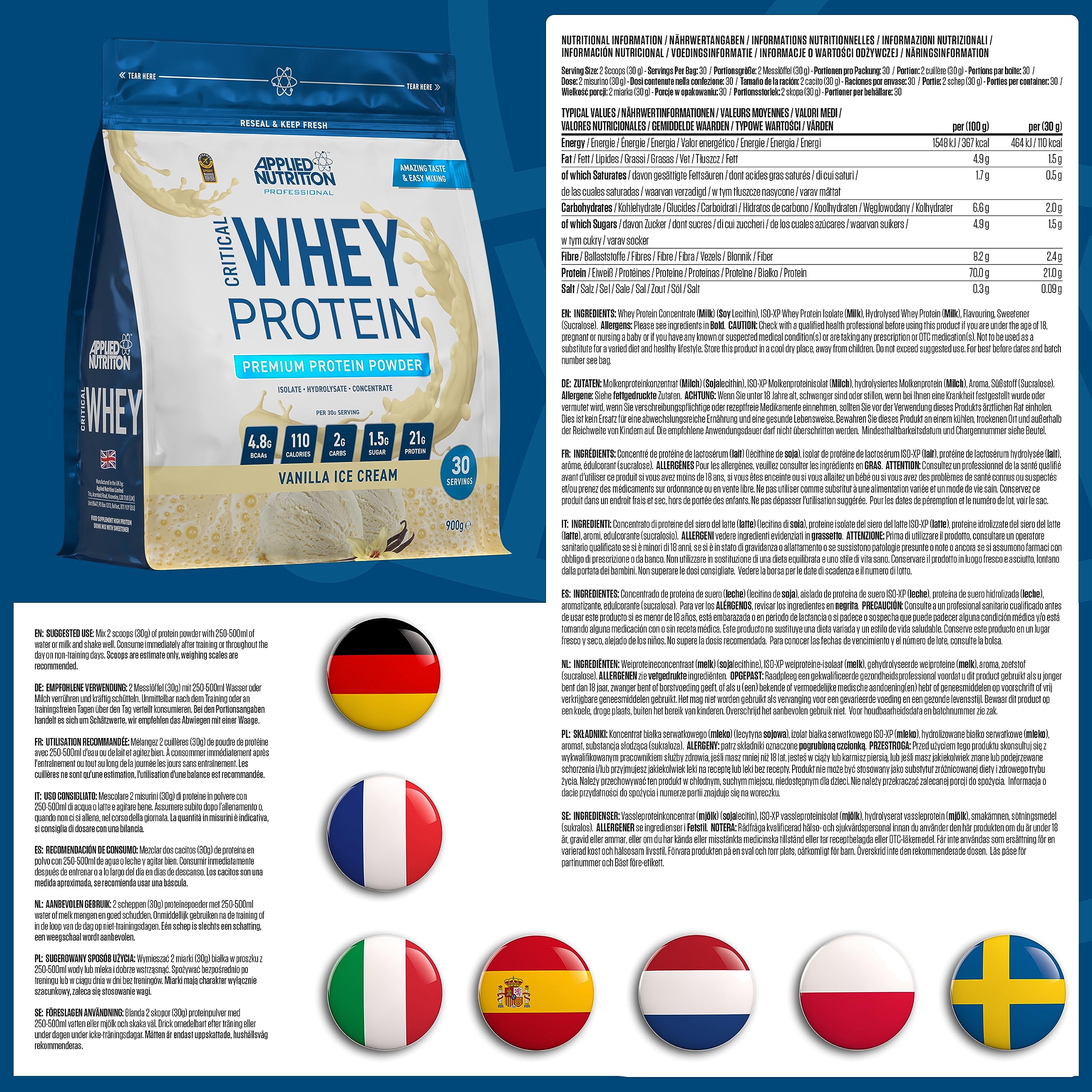 Applied Nutrition Critical Whey Protein Powder 900g - High Protein Powder, Protein Milkshake, Muscle Building Supplement with BCAAs & Glutamine (900g - 30 Servings) (Vanilla)