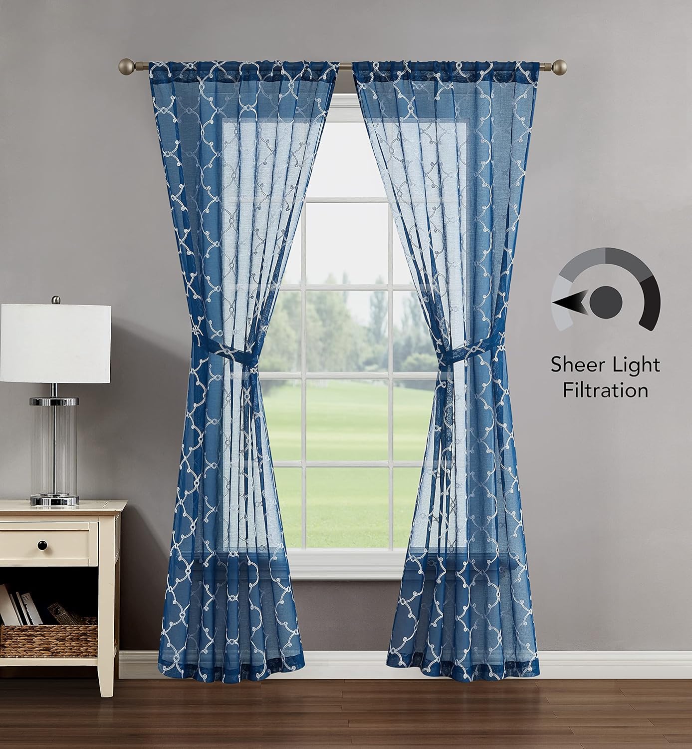Creative Home Ideas Sheer Curtains (2 Panels, 38" x 63", Blue), Embroidered Geometric Curtain Panels with Tiebacks, Selena Rod Pocket Drapes, Window Curtains for Living Room, Bedroom