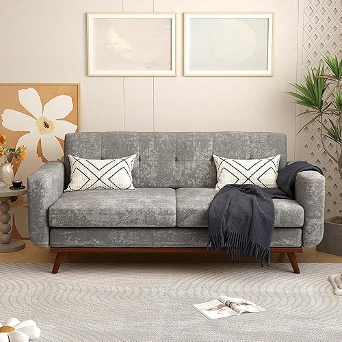 Miniatura 7 de DIFY Sofá de 3 plazas de felpilla de 77 pulgadas, sofá tapizado con patas de madera maciza, respaldo copetudo, decoración moderna de mediados