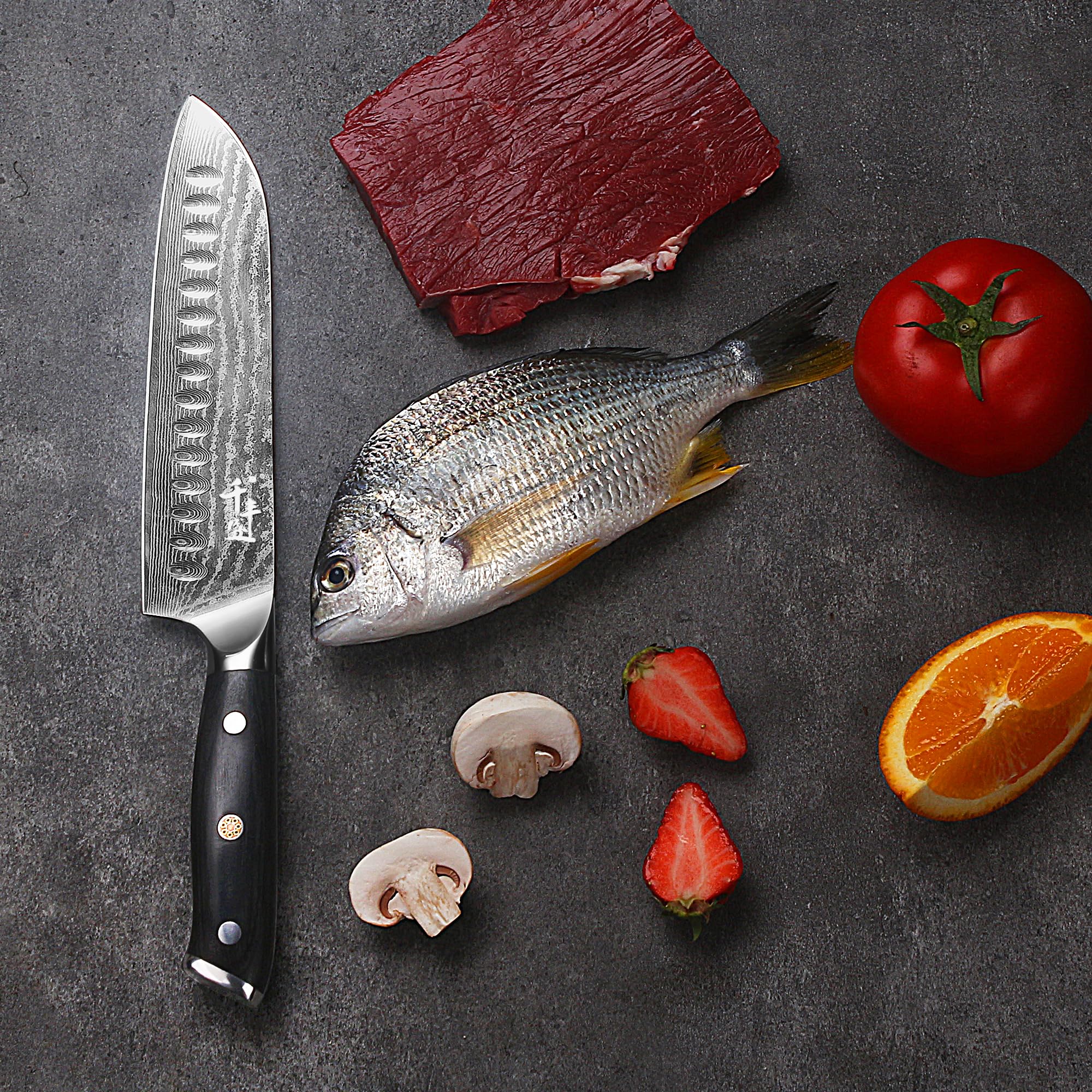 Coltello Santoku in Damasco da 18 cm, coltello da cucina con manico in legno, coltello da chef ad alto tenore di carbonio, coltelli da cucina ultra affilati in acciaio inossidabile Damasco