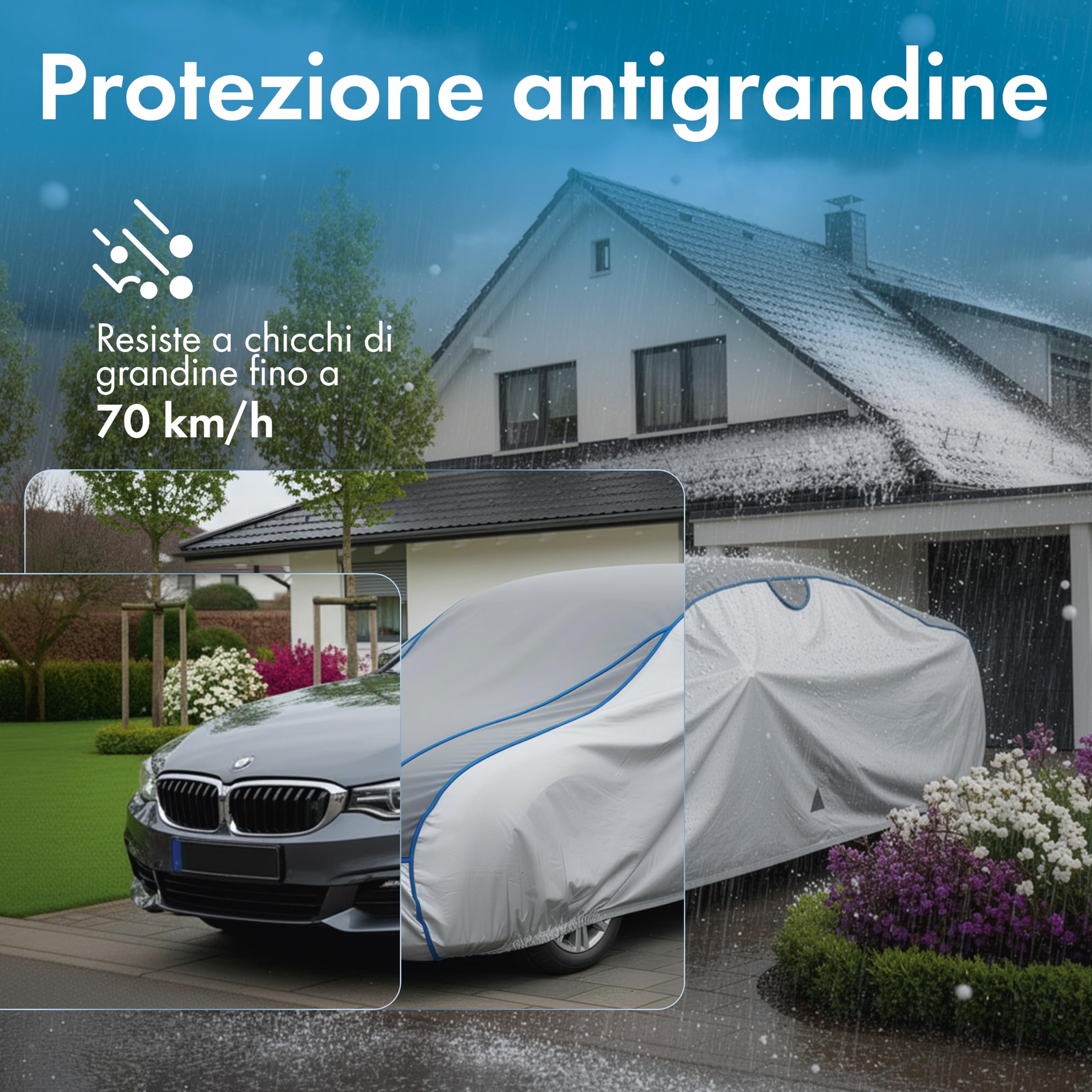 WALSER telo copriauto antigrandine, copertura antigrandine auto, copertura auto idrorepellente, copriauto completo per esterni, telo rivestimento veicolo veicolo M lunghezza max. 401-425 cm