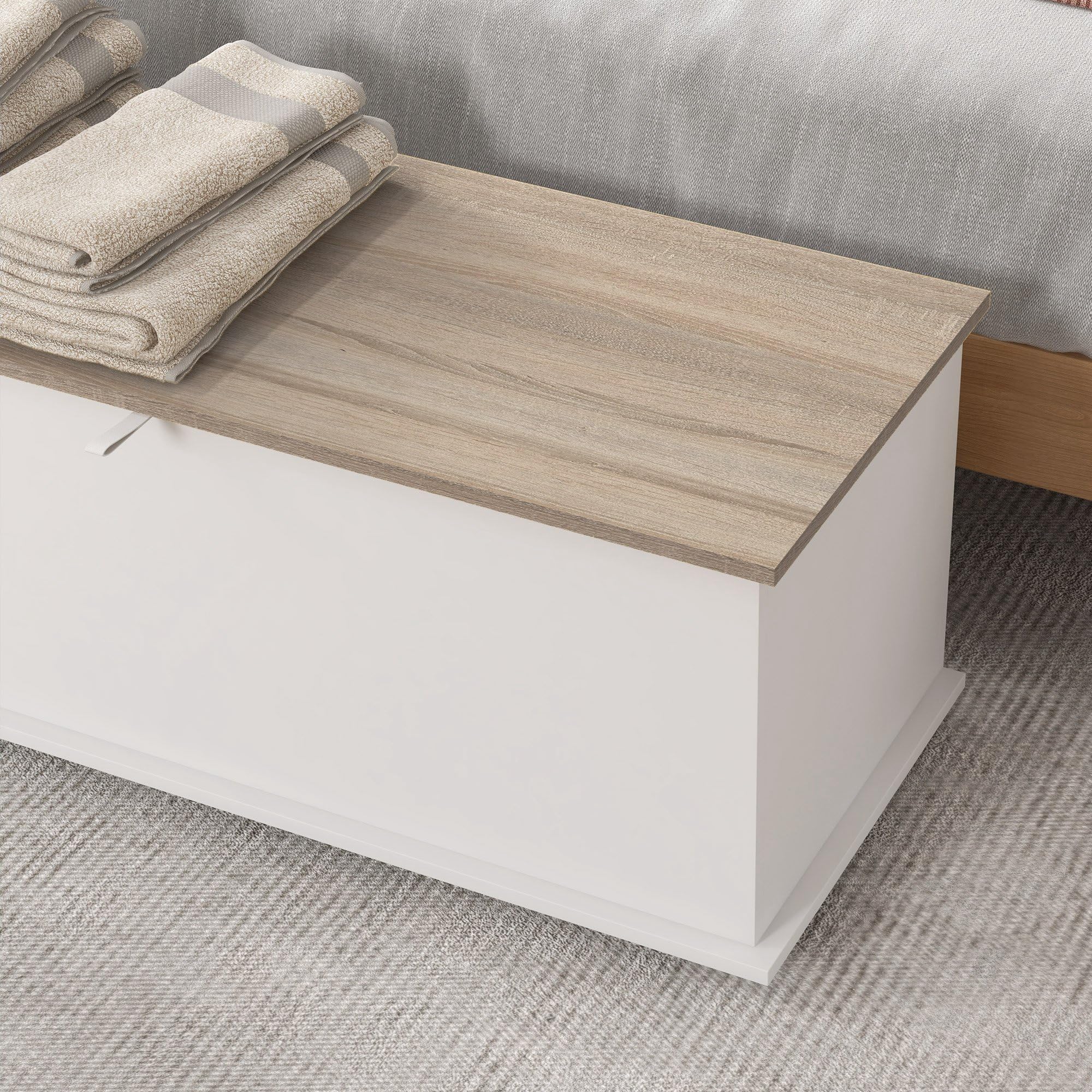 HOMCOM Baúl de Almacenaje, Banco de Almacenaje con Bisagra de Seguridad, Estilo Moderno, para Pasillo, Dormitorio, Salón, 100x40x40 cm, Roble y Blanco