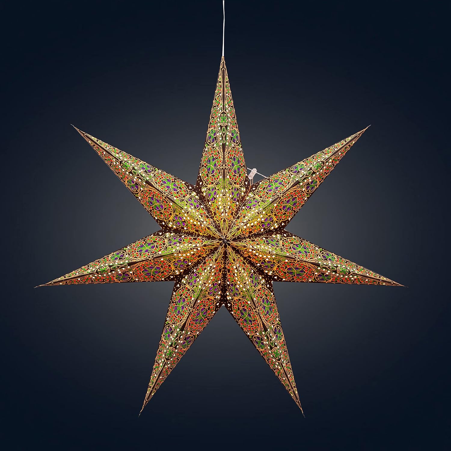 Artschatz Cathedral Paper Lantern Star Light - 7 Point Ø 24 inch - Brown/Green with red/Blue Tissue Inlay