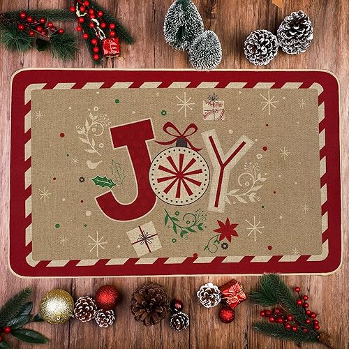 Miniatura 6 de Ruisita Tapetes de Navidad de 31.5 x 20 pulgadas, antideslizantes, con letrero de alegría de feliz Navidad, felpudo delantero de Navidad para