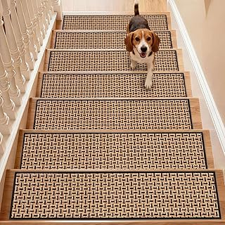 Dunzy 15 Pack Neutral Stair Treads for Wooden Step Self-adhesive Woven Stair Treads Indoor 8x30'' Non-slip Step Carpet Machine Washable Runner Safety Rug Mat for Carpet Elders Pets(Black Coffee Color)