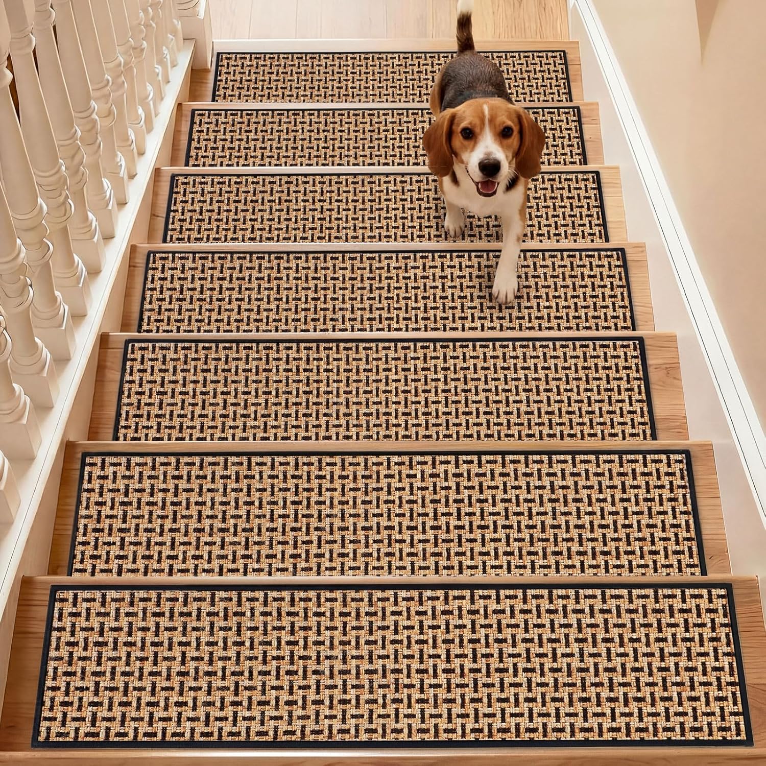 Dunzy 15 Pack Neutral Stair Treads for Wooden Step Self-adhesive Woven Stair Treads Indoor 8x30'' Non-slip Step Carpet Machine Washable Runner Safety Rug Mat for Carpet Elders Pets(Black Coffee Color)