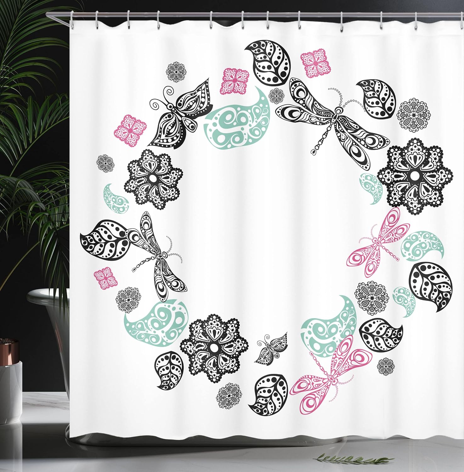 Ambesonne Dragonfly Shower Curtain, Floral Ornamental Round with Dragonflies Butterfly Leaves Pattern, Cloth Fabric Bathroom Decor Set with Hooks, 69" W x 75" L, Black Pink