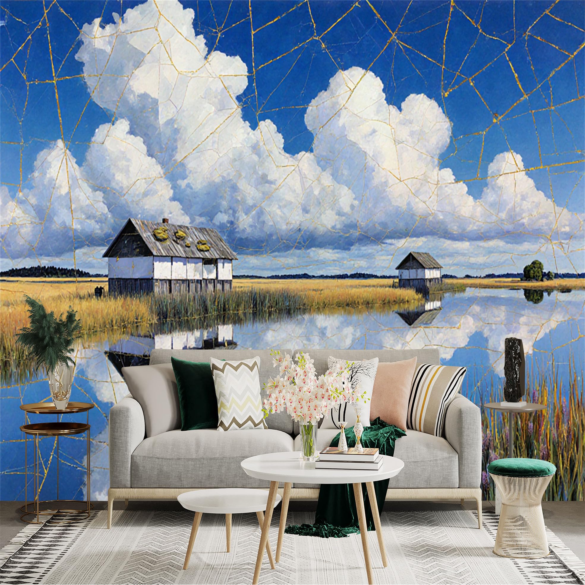 Custom Size Wall Sticker Mural， Lakeside Houses with Clouds and Golden Cracks Reflection， for wall Decoration， peelandstick wall Decals.