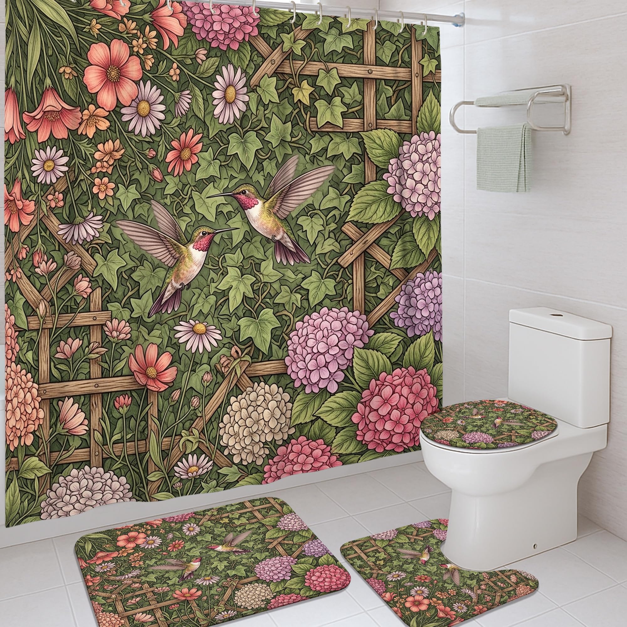 Rideaux de douche lavables avec crochets tapis imprimé colibris baignoire 183cm