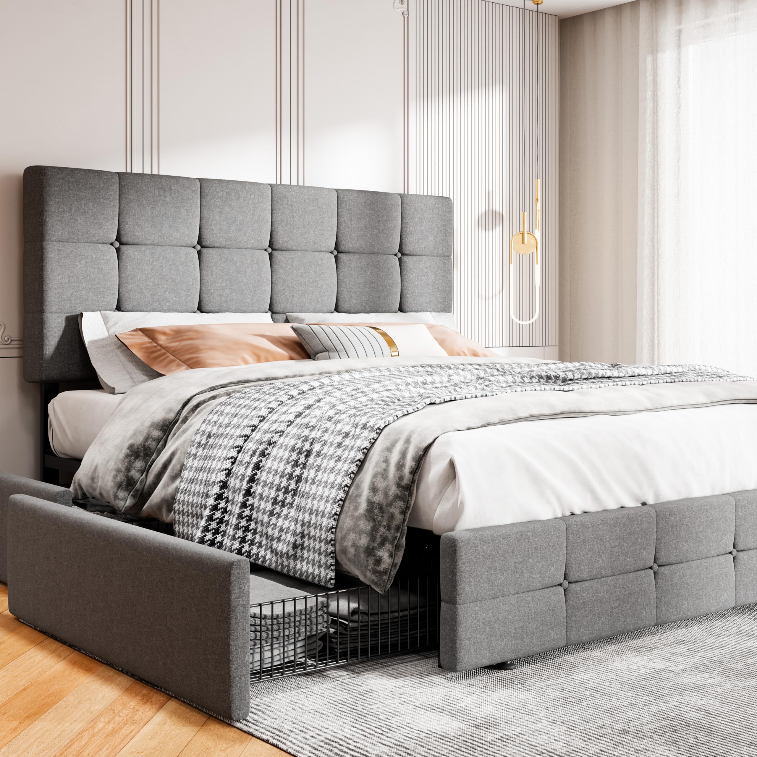 MULTICOR Light Grey Upholstered Queen Platform Bed 4 Storage Drawers Square-Stitched Headboard Easy Assembly
