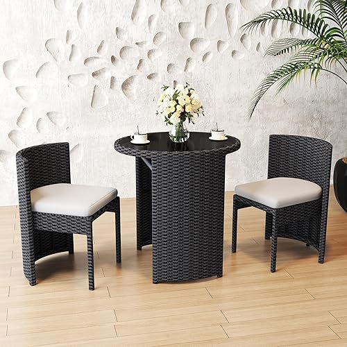 Miniatura 3 de Juego de 3 sillas de mimbre para exteriores, muebles de patio que ahorran espacio con mesa de ratán para césped, jardín, piscina, balcón, sin