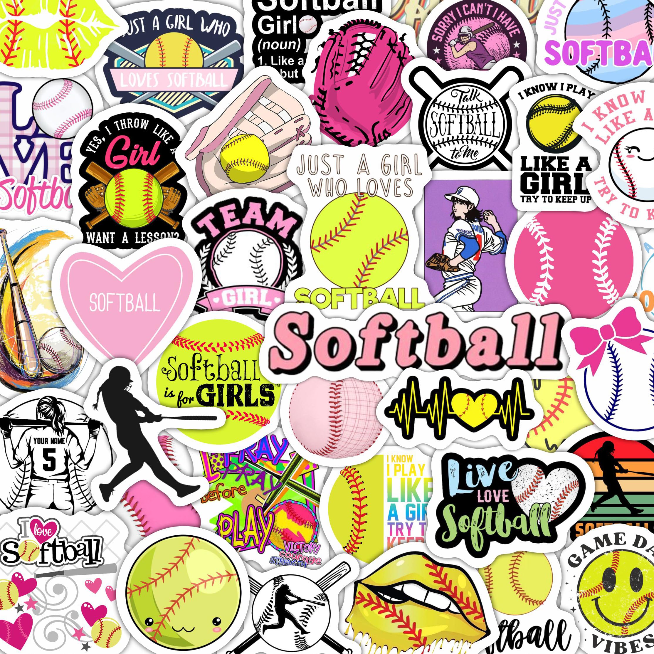 100Pcs Softball Stickers for Girls for Water Bottle and Laptop - Softball Party Favors &amp; Decorations, Waterproof Vinyl Decals, Sports and Athlete Stickers, Gifts for Women &amp; Men