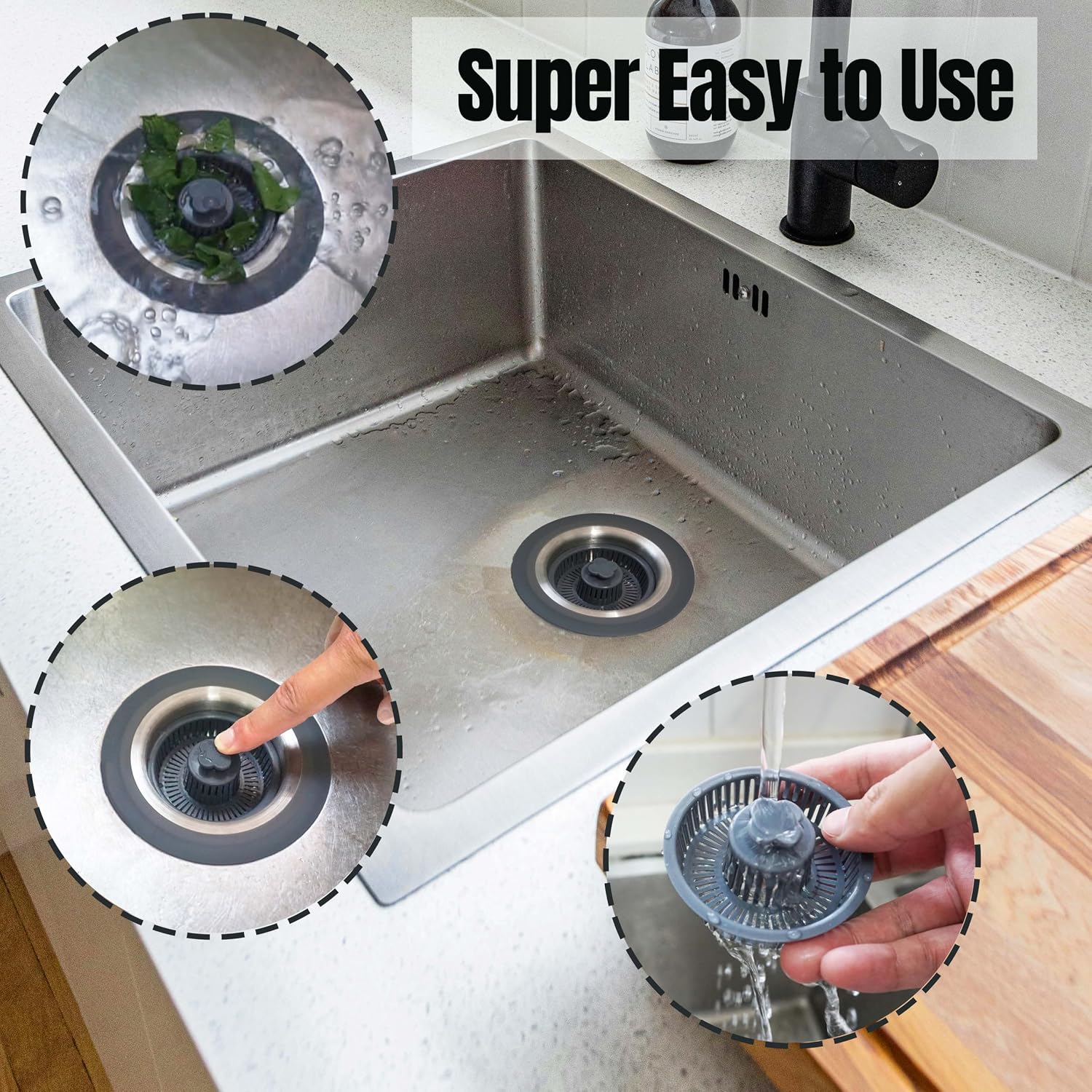 Kitchen Sink Drain Strainer Stopper 304 Stainless Steel 3 in 1 Sink Protectors Pop Up Anti-Clogging Kitchen Sink Stopper Basket Filter for US Standard 3-1/2 Inch Drain Cover(2 Packs)