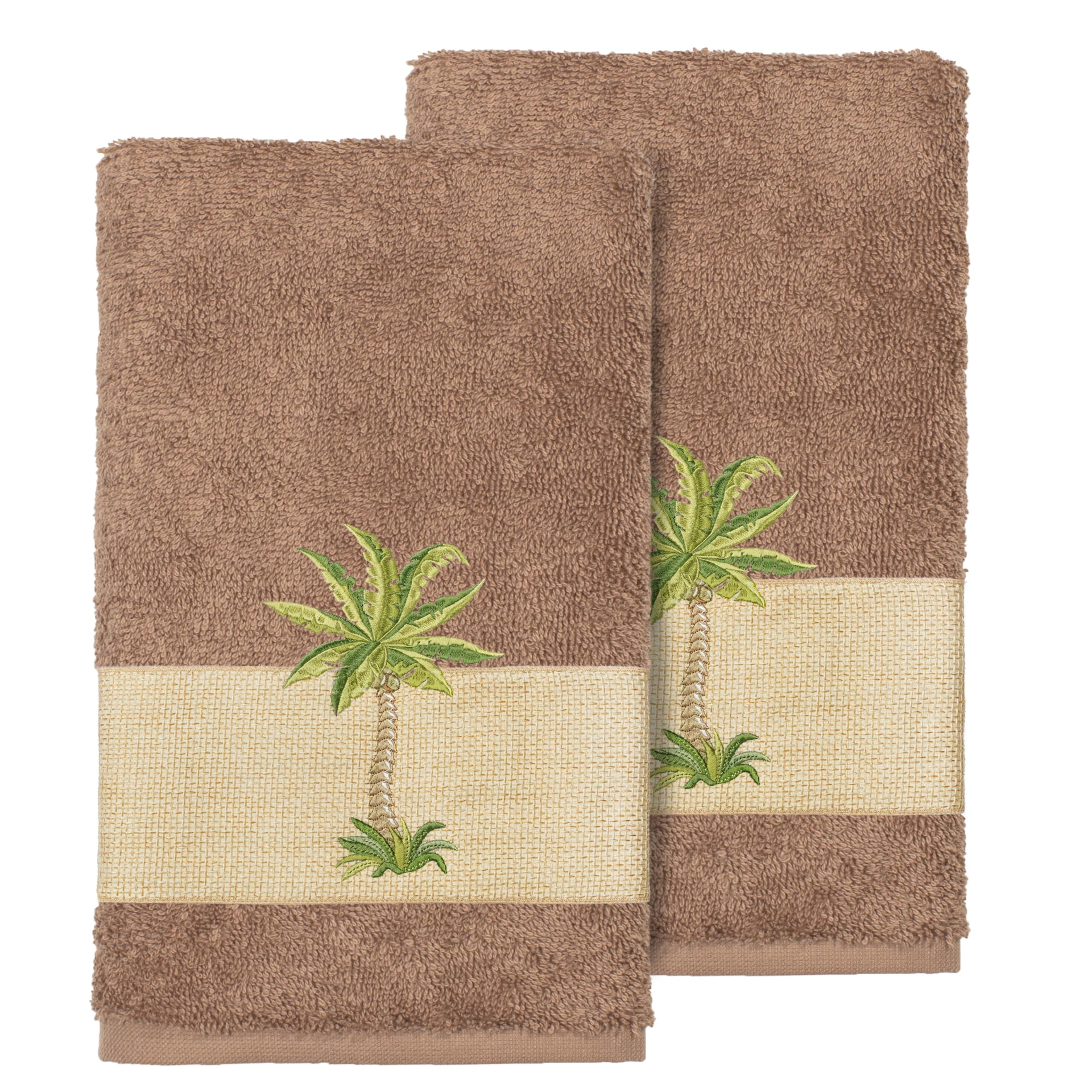 Utopia 2-Piece Hand Towel Set Elegant Palm Tree Embroidery Soft Turkish Cotton Quick Dry 2 Hand Towels Cafe