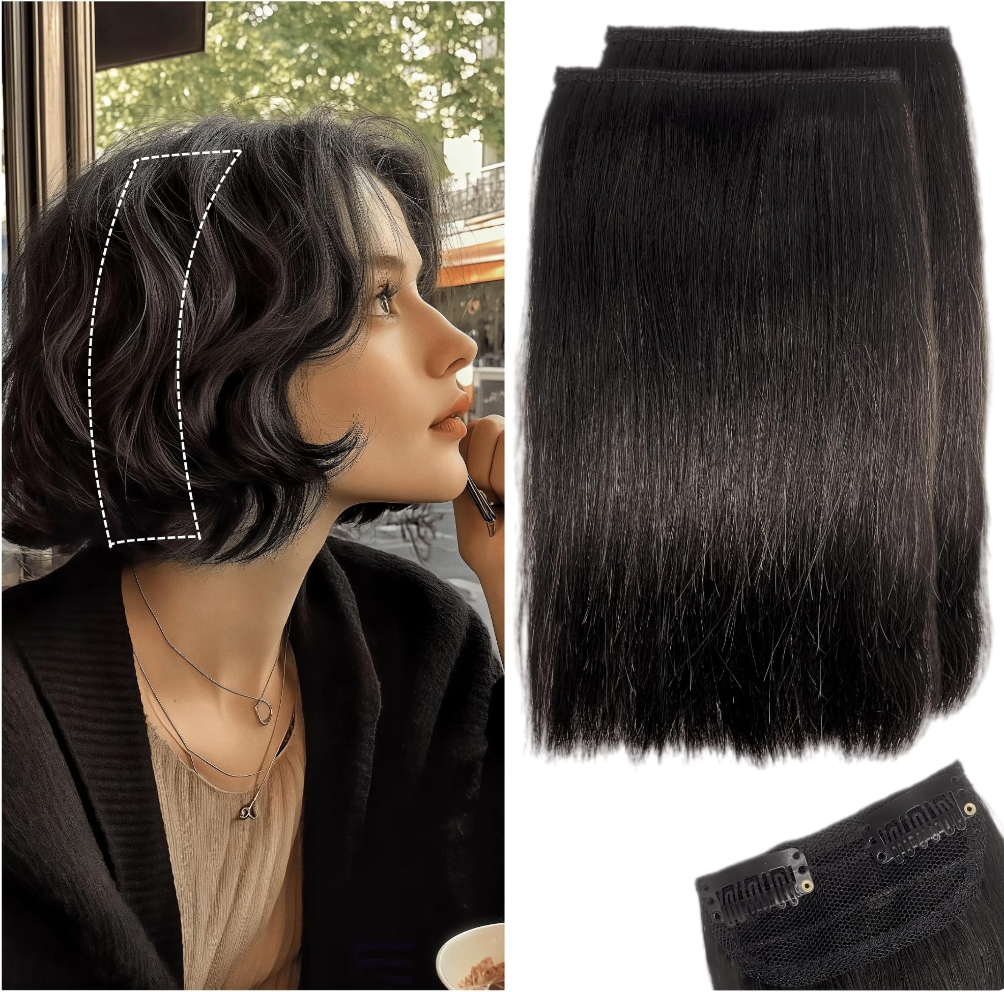 2 Pcs Short Hair Extensions, Human Hair Pieces for Women Adding Volume 8 Inch Natural Black