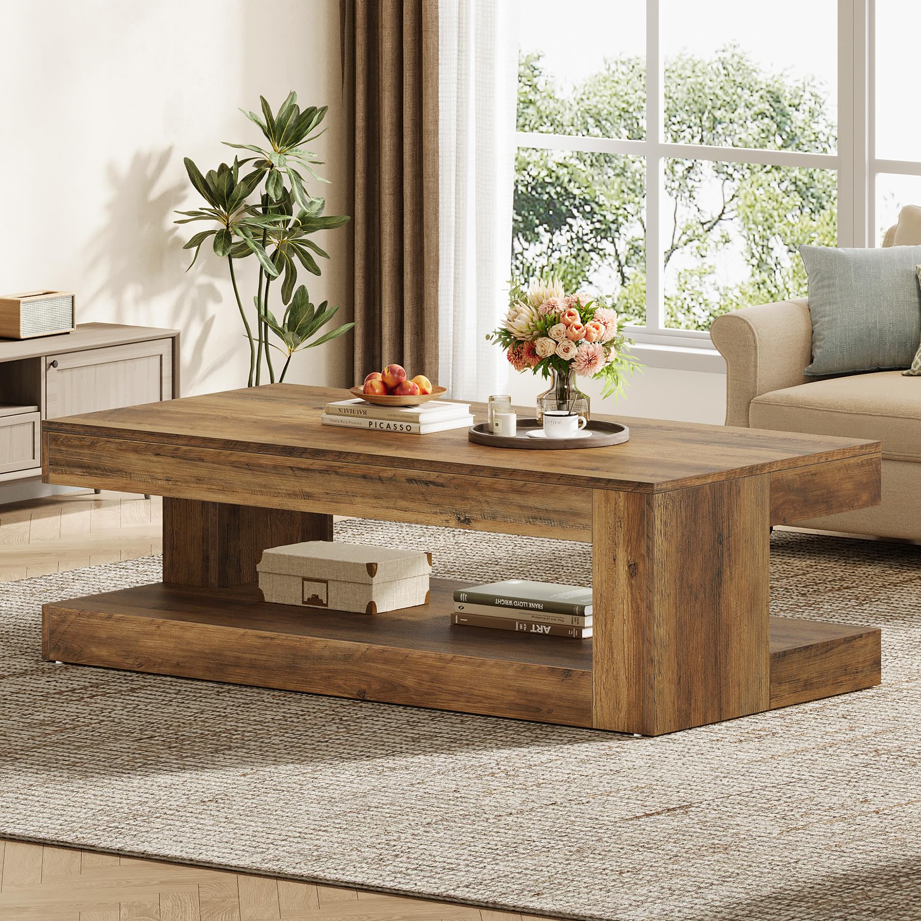 Tribesigns 47.24 inch Farmhouse 2-Tier Coffee Table with Storage Brown