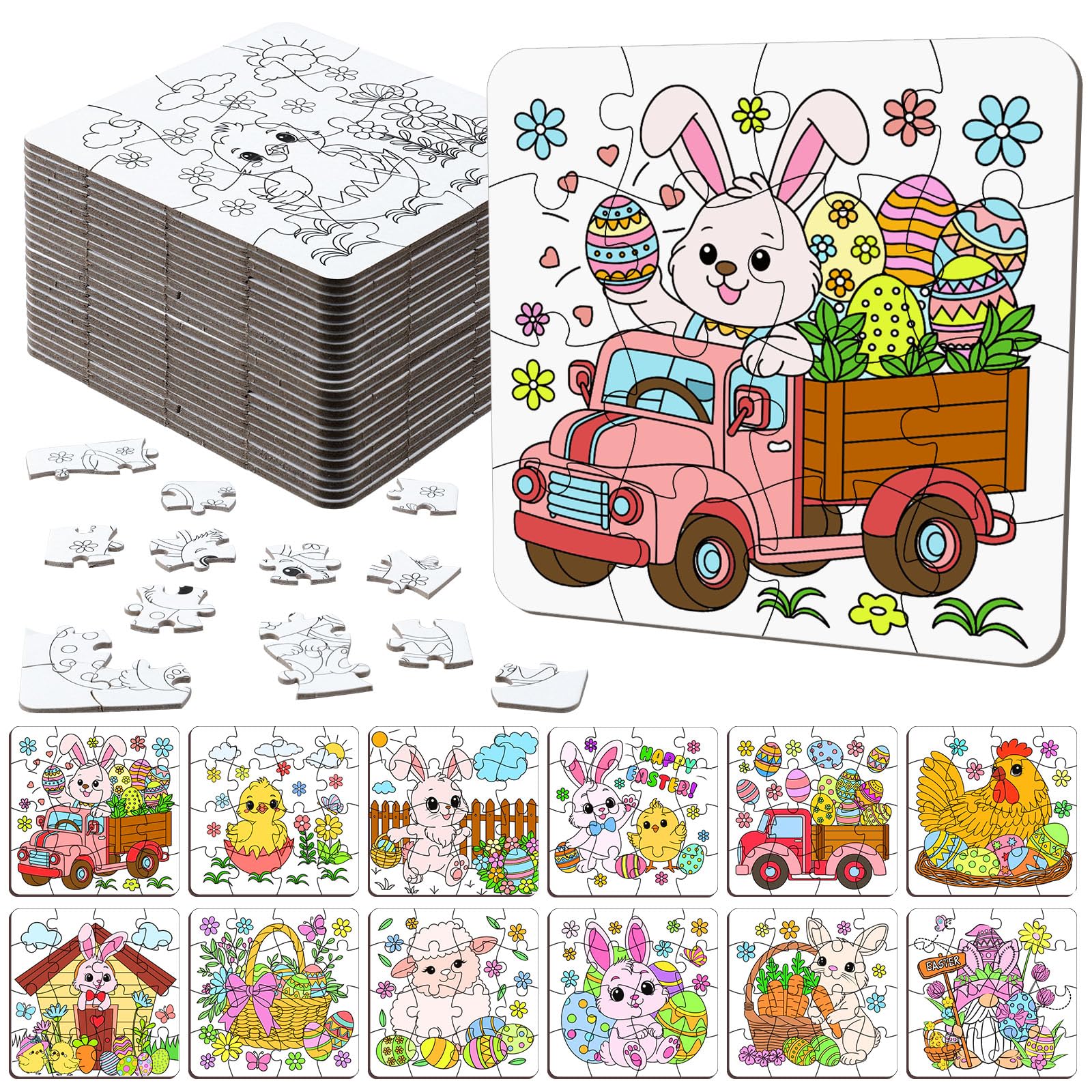 Realspring 24 Pack Color Your Own Jigsaw Puzzles for Kids Coloring Puzzles DIY Paper Jigsaw Bulk Party Favors Gifts Exchange Classroom Activities Home Educational Game Toy (Bunny)