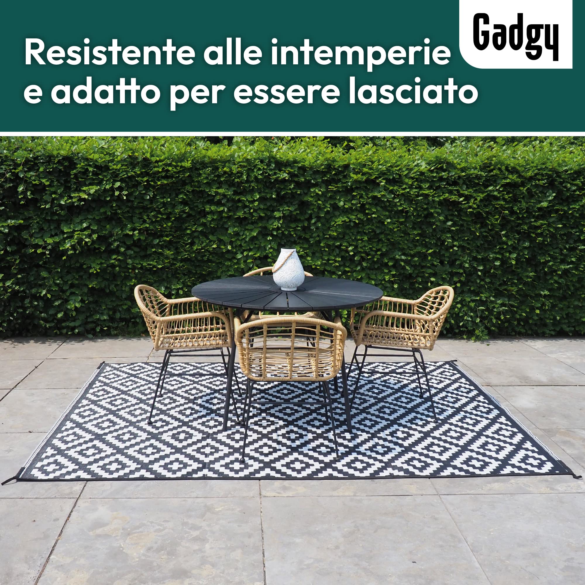Gadgy Tappeto da Esterno Resistente alle Intemperie 200 x 300 cm - Elegante Tappeto Impermeabile e Resistente ai Raggi UV - Tappeto da Giardino Reversibile - Verde con Sacco Trasporto - Nero