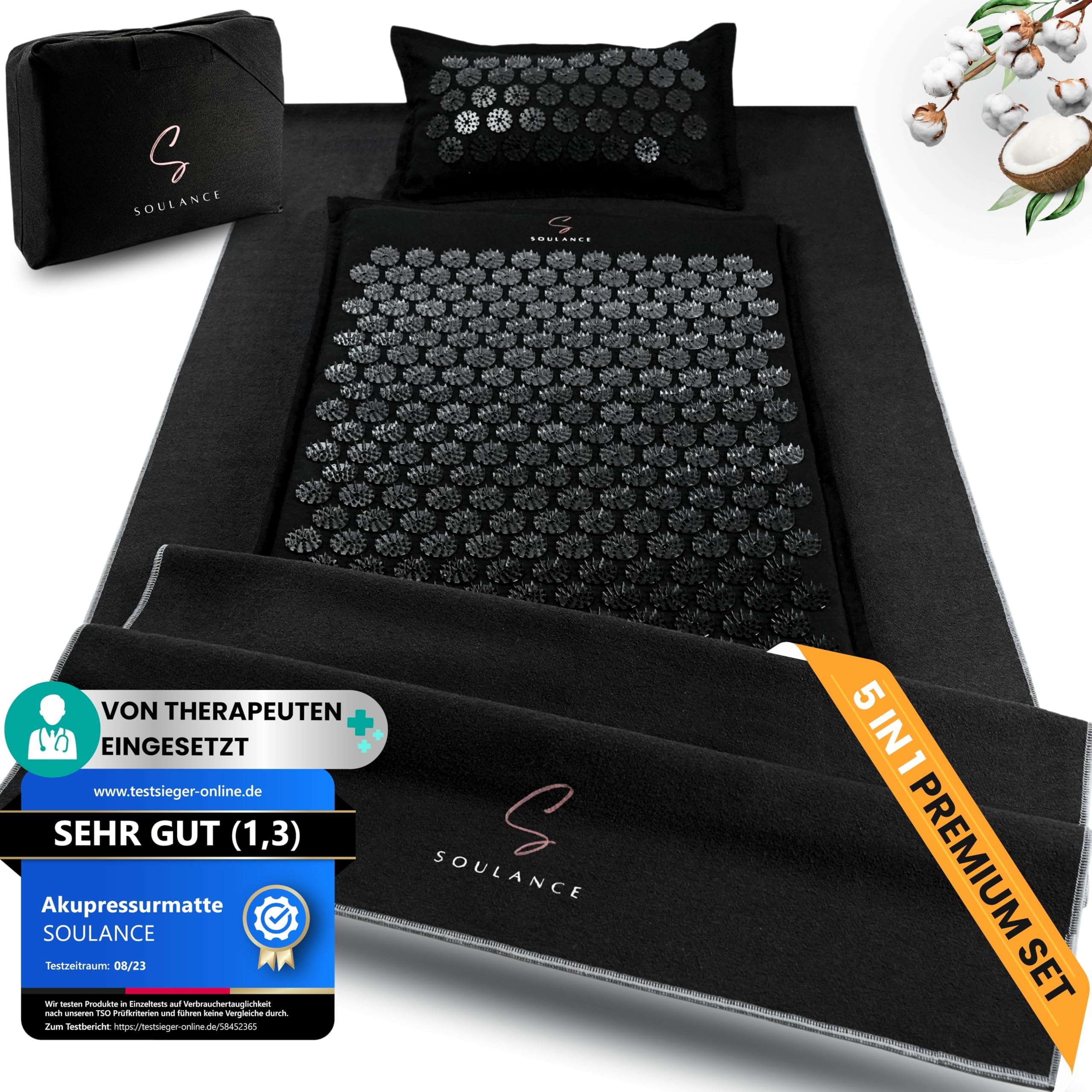 SOULANCE Akupressurmatte gegen Rückenschmerzen, Akkupressmatte,Massagematte | 5 in 1 Set, Akupunktur Matte,Kokosfaserfüllung,Massagematte,Akupressurmatte Set mit Kissen,Ganzkörper,Fakirmatte,Stachelmatte