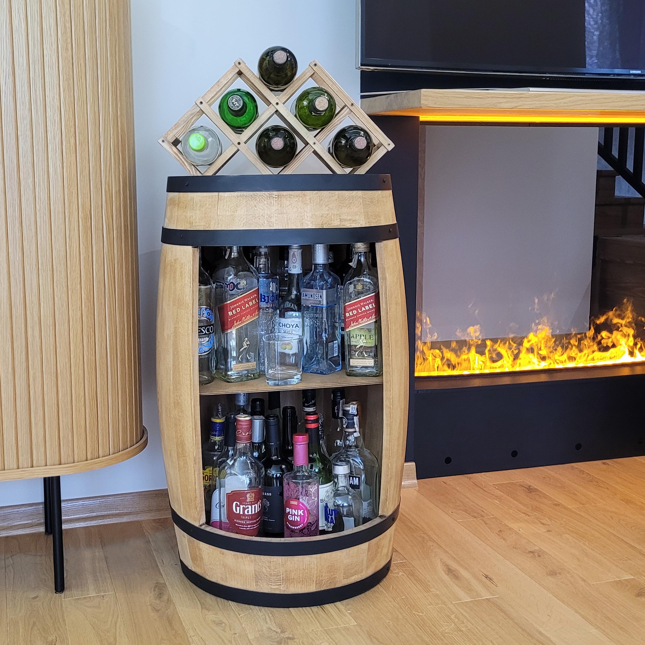 weeco Barilotto in legno da 80x50cm per soggiorno, Minibar, Bar da parete, Barile in legno, Botte da collezione per bottiglie, Scaffale per bottiglie per vino, Cantinetta per Cucina, Portabottiglie