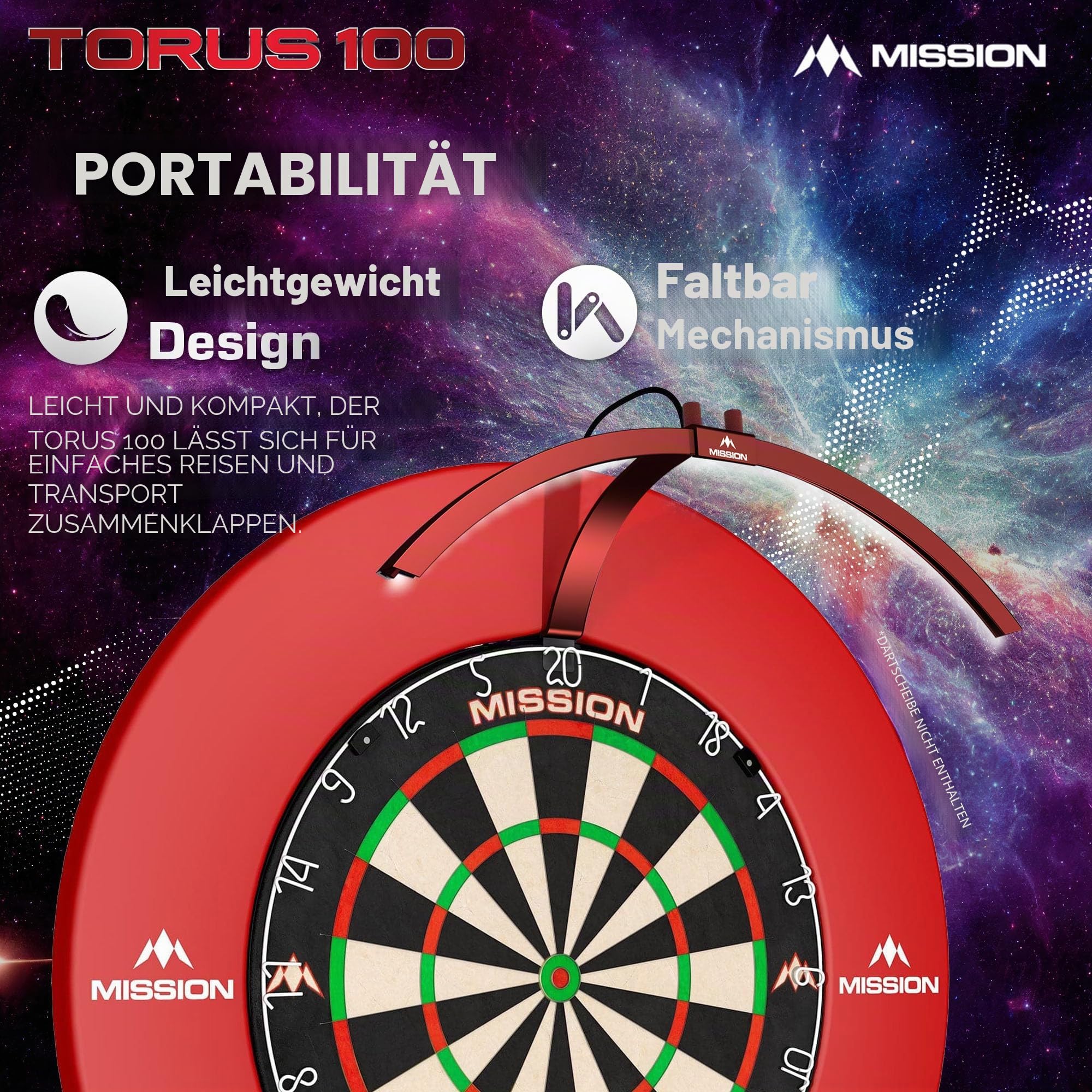 Mission Darts TOR100 Torus 100 | Dartscheibe LED klappbar tragbar Dartscheibe Reise Beleuchtungssystem