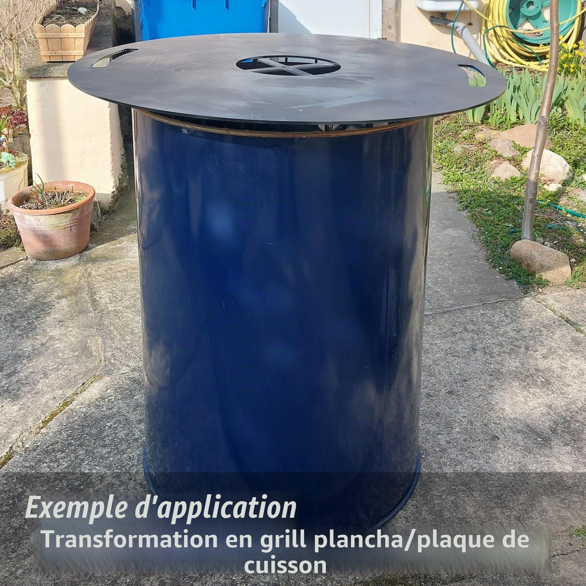 Tonneau en métal de 200 litres avec couvercle - Fût en acier - Fût à huile - Fût en tôle - Table debout - Fût de ghetto - Bleu - Utilisation polyvalente