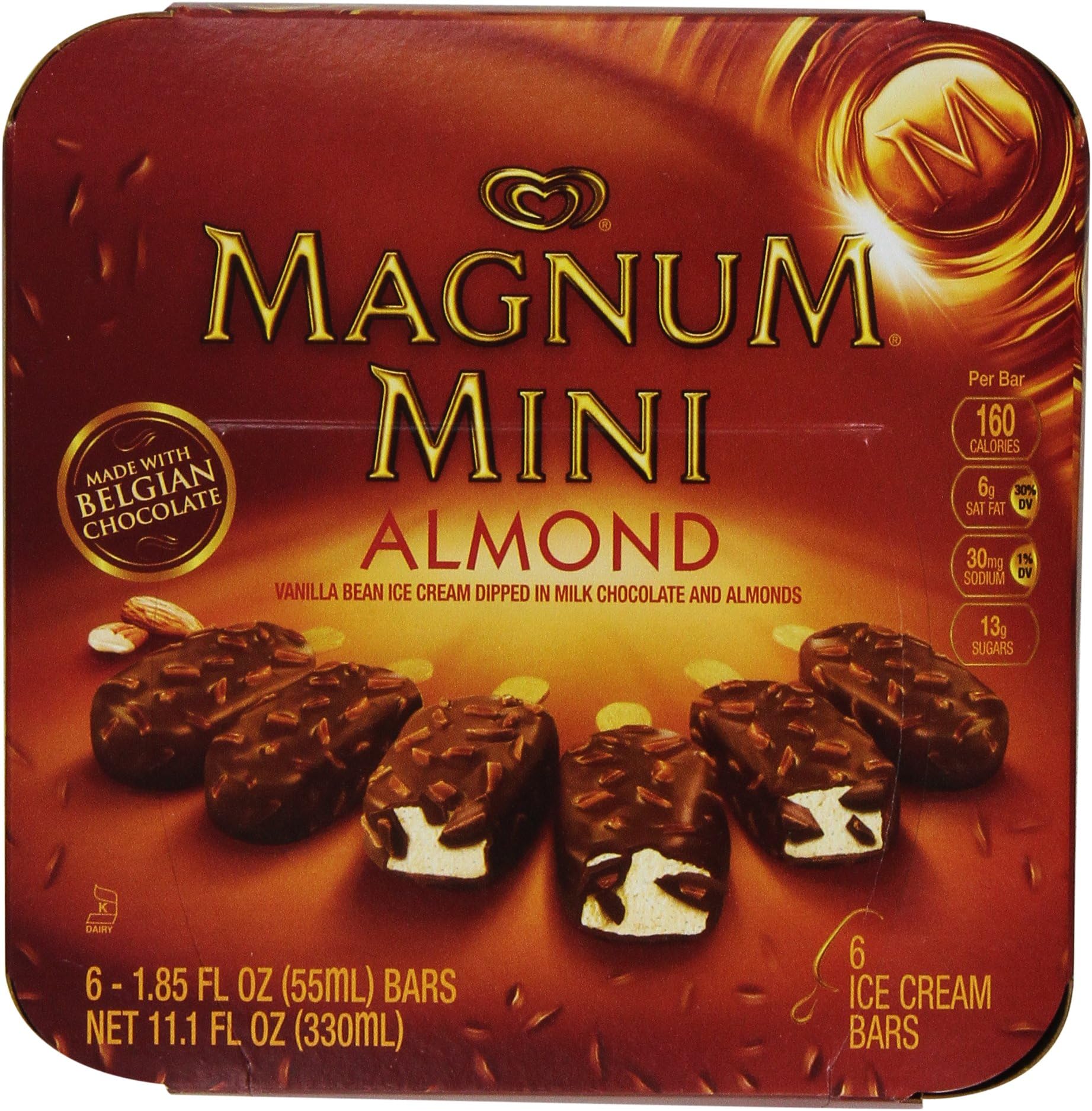 Magnum Ice Cream Bars For a Delicious Frozen Treat Almond Made With Belgian Chocolate, 39% Cacao 11.1 oz 6 Count