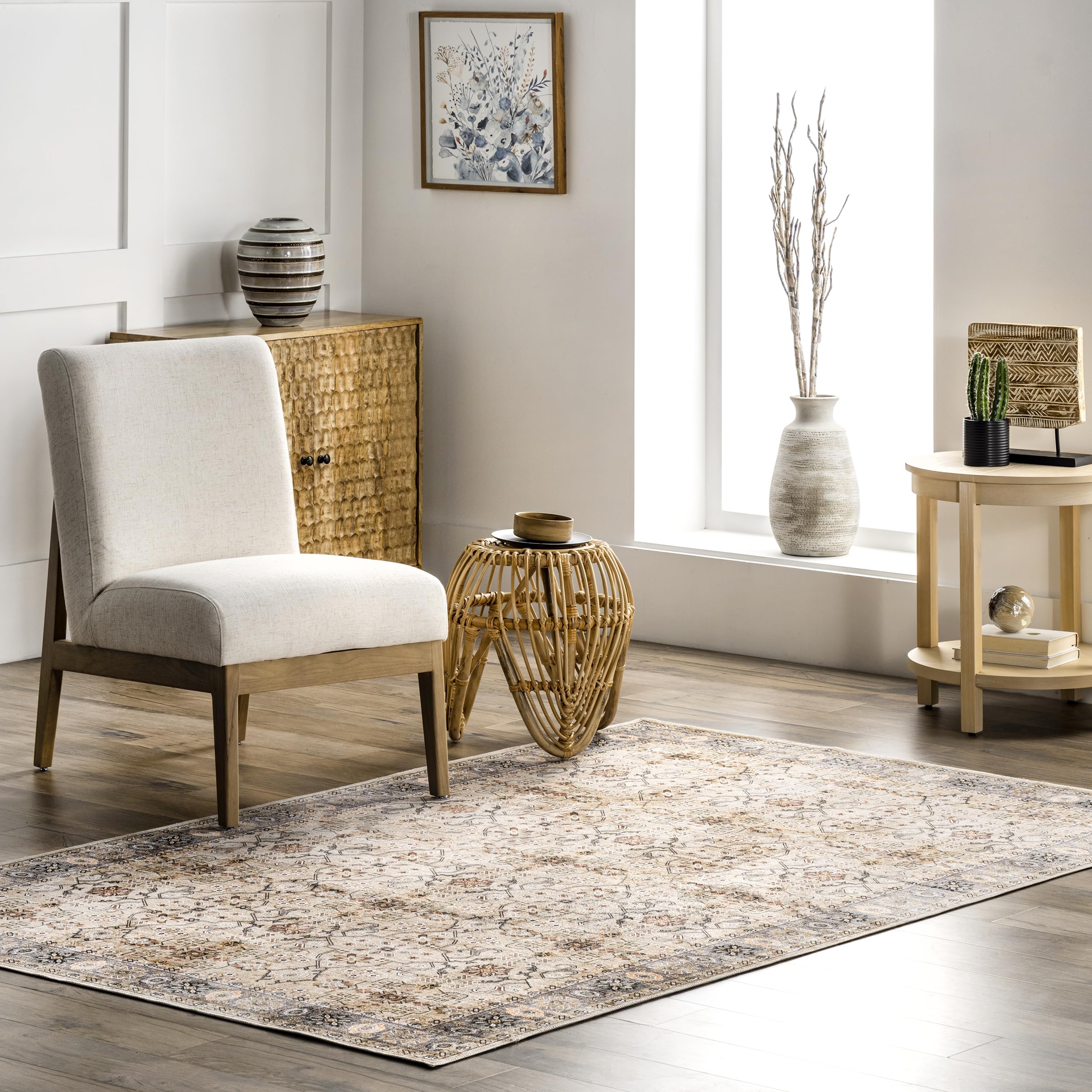 Tapis lavable nuLOOM Annelle beige 150x240 cm à bordure florale