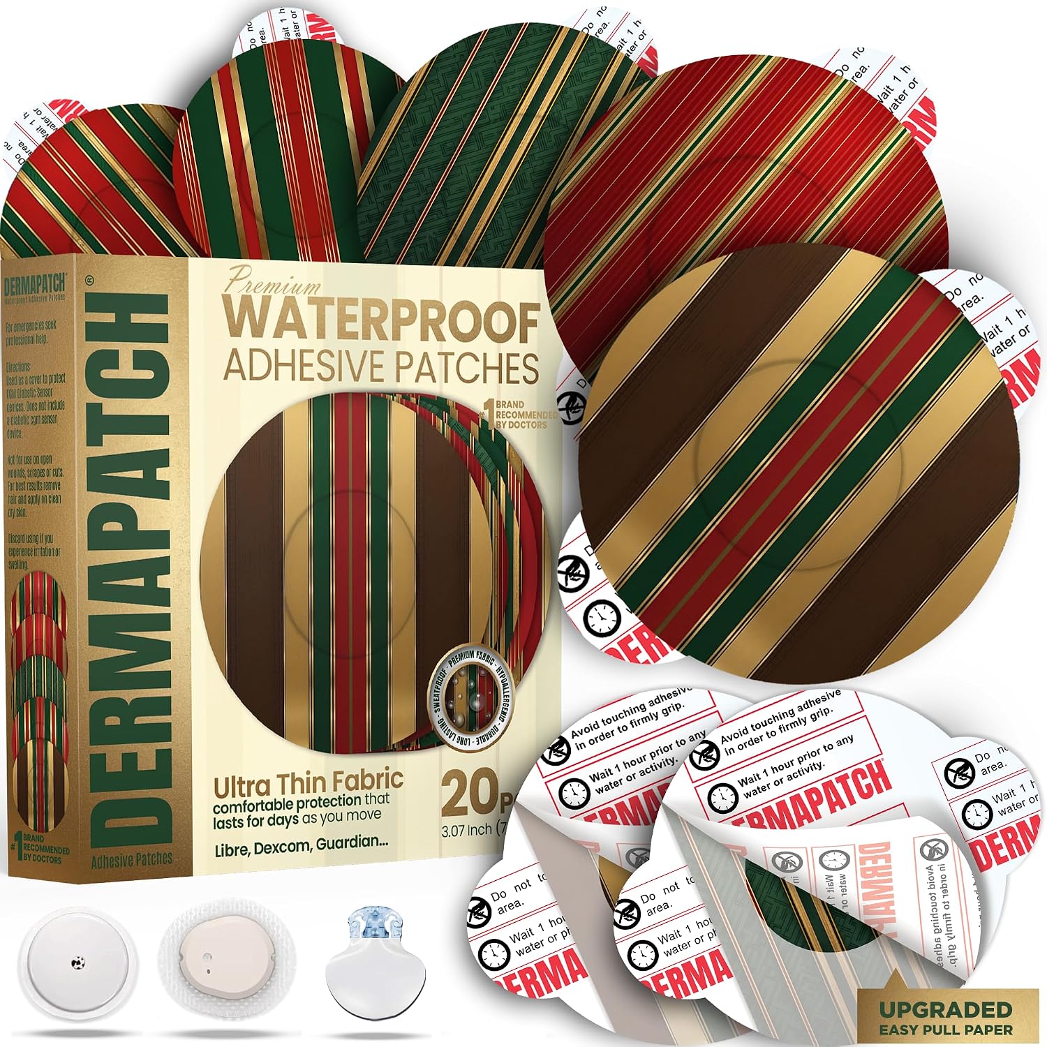 Libre 3 Sensor Covers Waterproof - 20 pcs Adhesive Patches for Libre 3,Dexcom G6 & G7, Lingo, Stelo, Guardian. Easy-Peel Pull Paper,CGM Sensor Tape for 14 Days, Ultra-Thin, Durable - Luxury Stripes