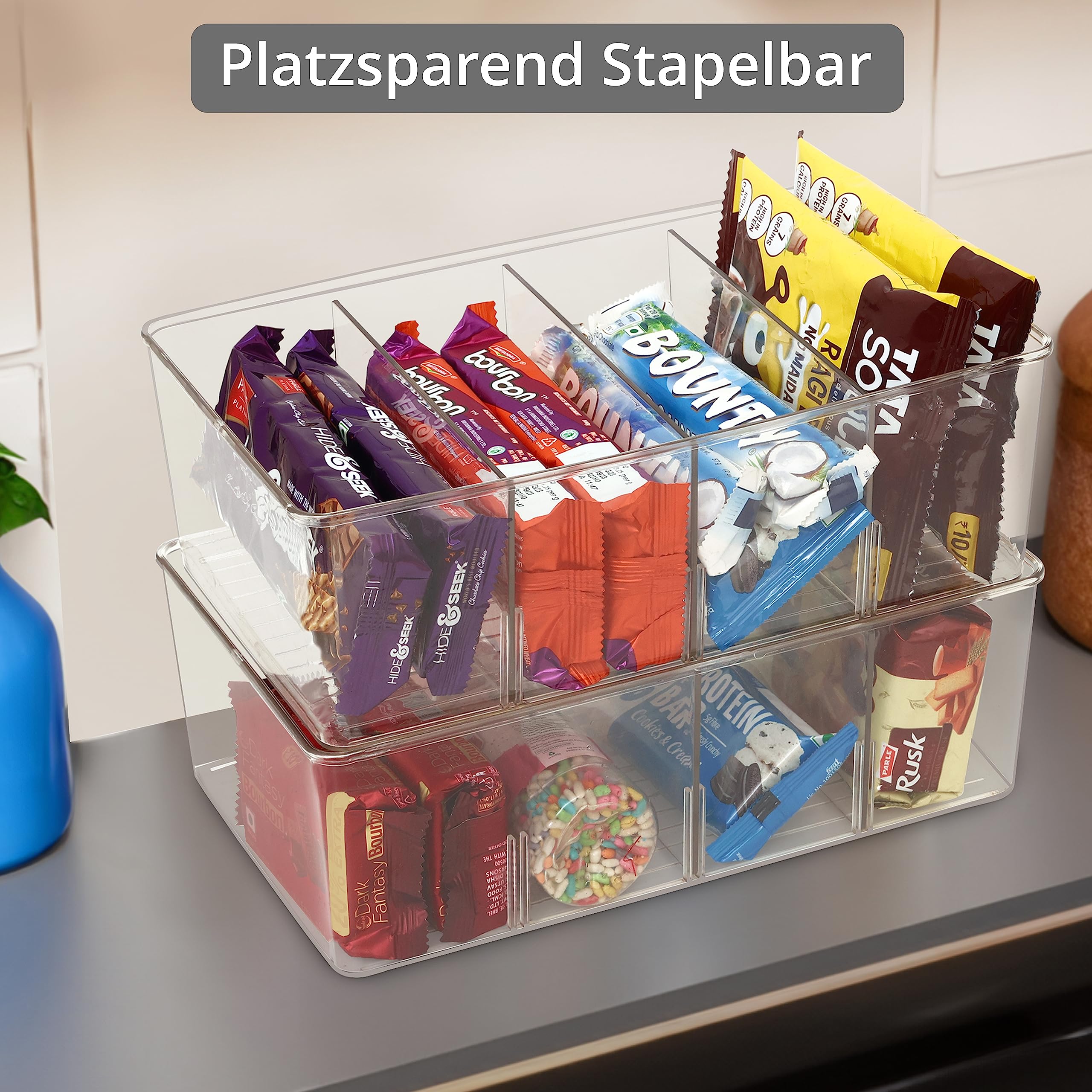 Winter Shore Küchenschrank Organizer [5er-Pack] - Aufbewahrungsbox Küche für Snacks, Gewürze, Getränke - Durchsichtige Küchen Organizer Aufbewahrung mit 4 Fächern & Herausnehmbaren Trennwänden