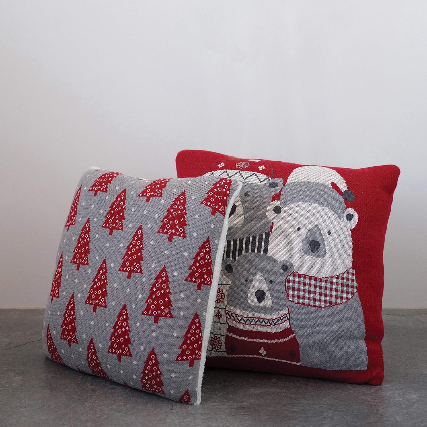 Creative Co-Op 20" Square Cotton Knit w/Bear Family, Red, White & Grey Pillows, Multi