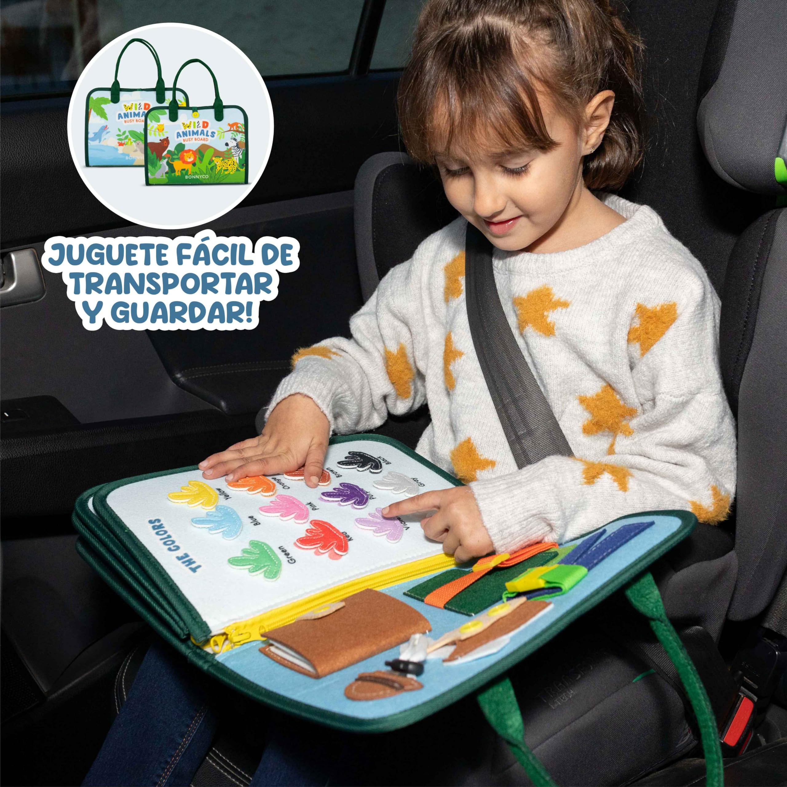 BONNYCO Busy Board Montessori de Fieltro, Maletin de Paneles Sensoriales Montessori. Tablero Busy Book, Juguetes Educativos Motricidad Fina. Juguetes Regalos para Niños y Niñas Cumpleaños, Navidad