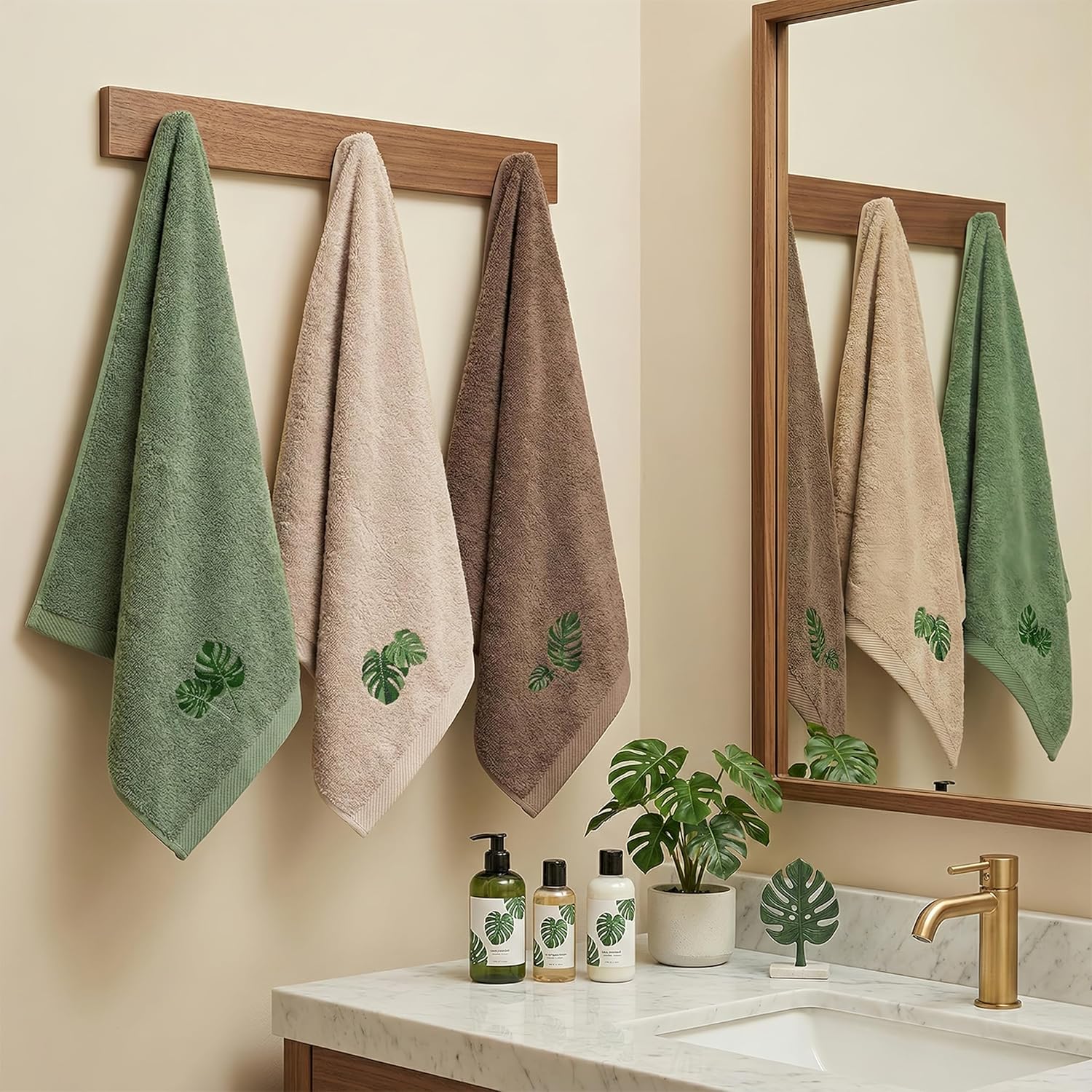 3 Pcs Tropical Palm Leaves Hand Towels for Bathroom Green Tropical Bathroom Decor Summer Monstera Embroidered 14x29 Inch Cotton Decorative Bath Hand Towels Soft Absorbent Kitchen Towel Home Gifts