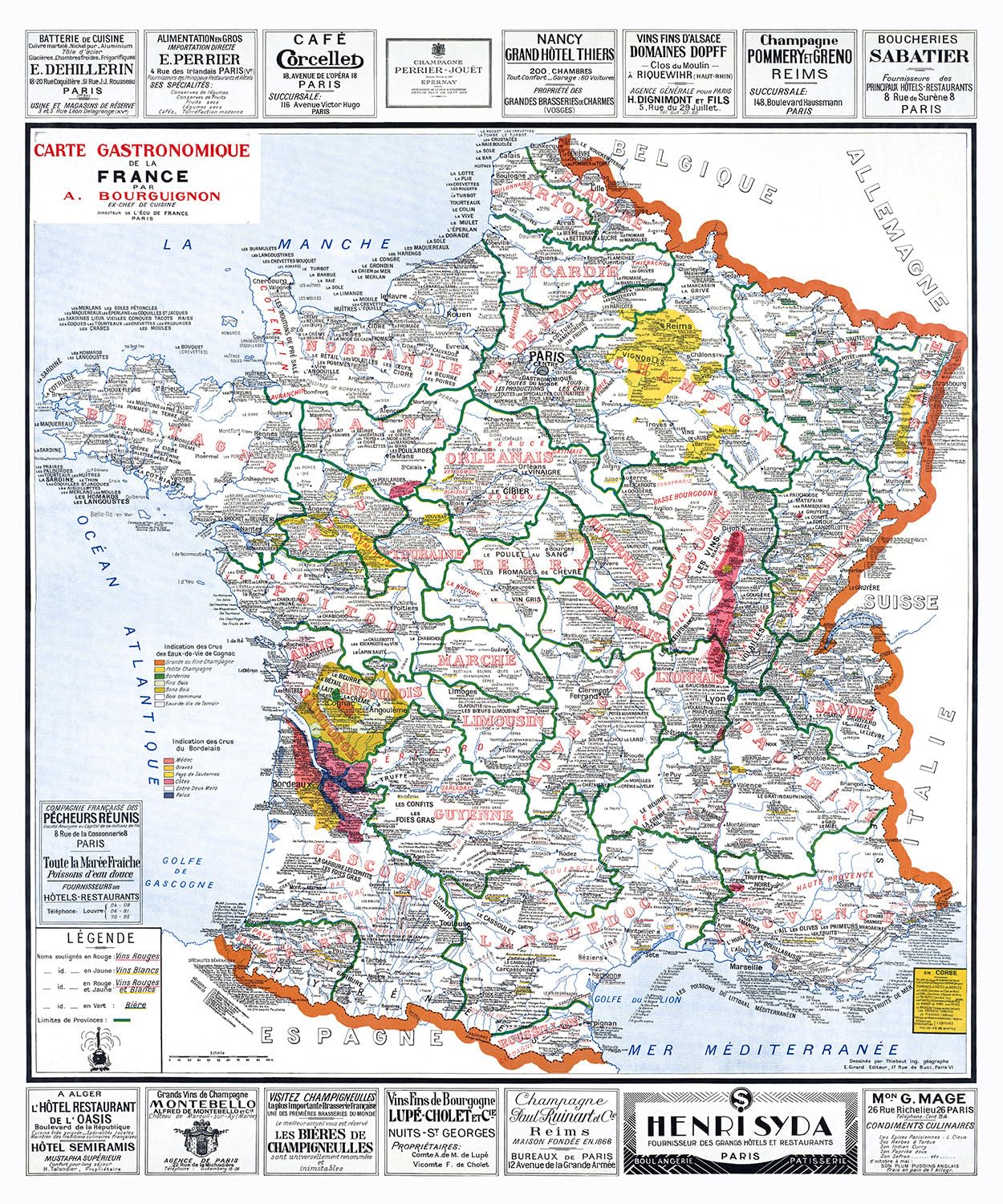 VIRTUAVIA Carta GASTRONOMICA della Francia, 100 x 120 cm (riproduzione vecchia carta) - Telone 340 g/m²