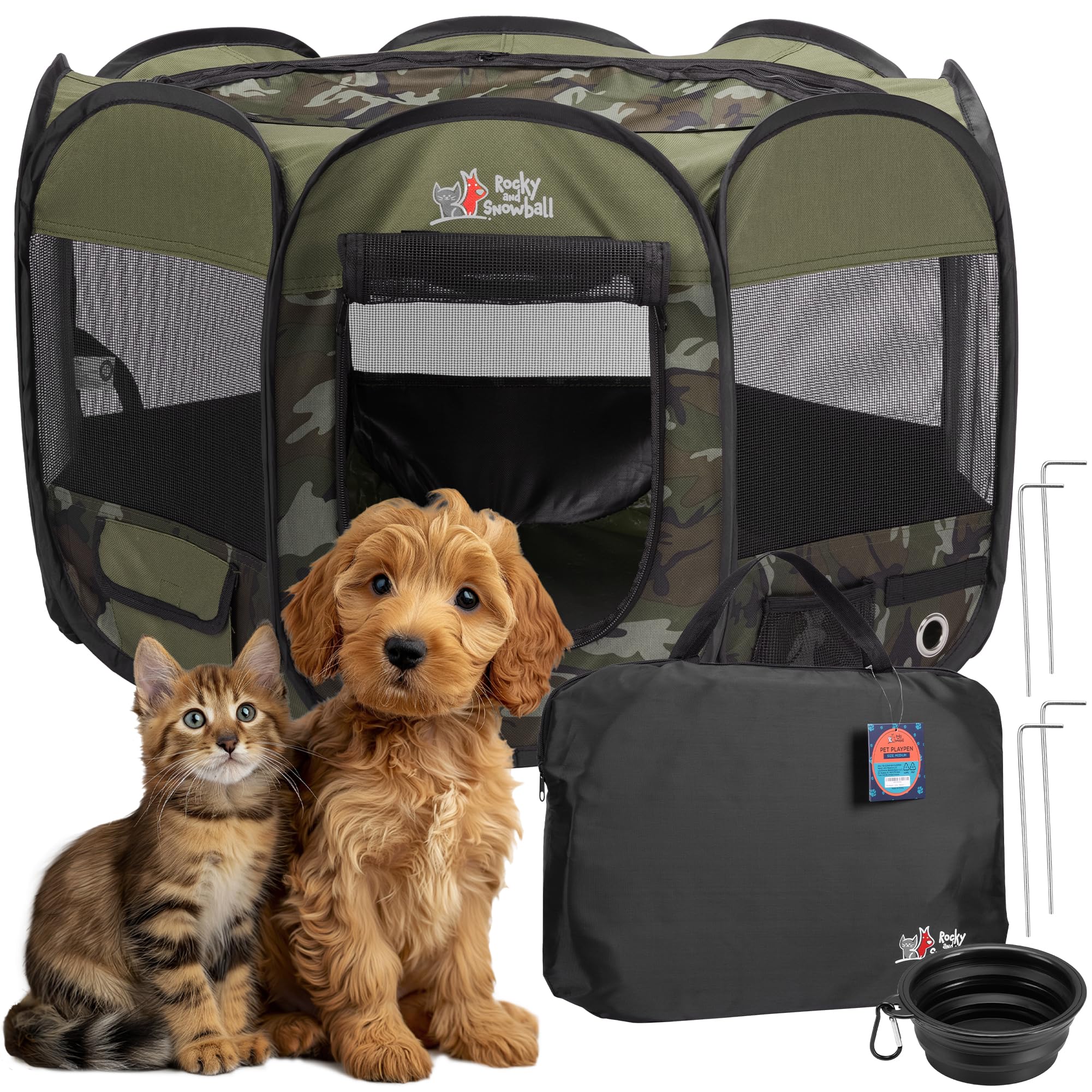 Rocky + Corral desplegable de bolas de nieve para perros, cachorros, gatos, conejos, corralito de juego para interiores o exteriores, corralito portátil con funda de transporte y cuenco plegable,