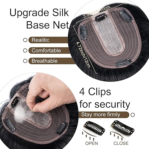 Miniatura 4 de SEGO Toppers para el cabello para mujer, cabello humano real, sin flequillo, densidad del 130%, 3.9 x 4.7 in, base de seda, Remy con clip en la