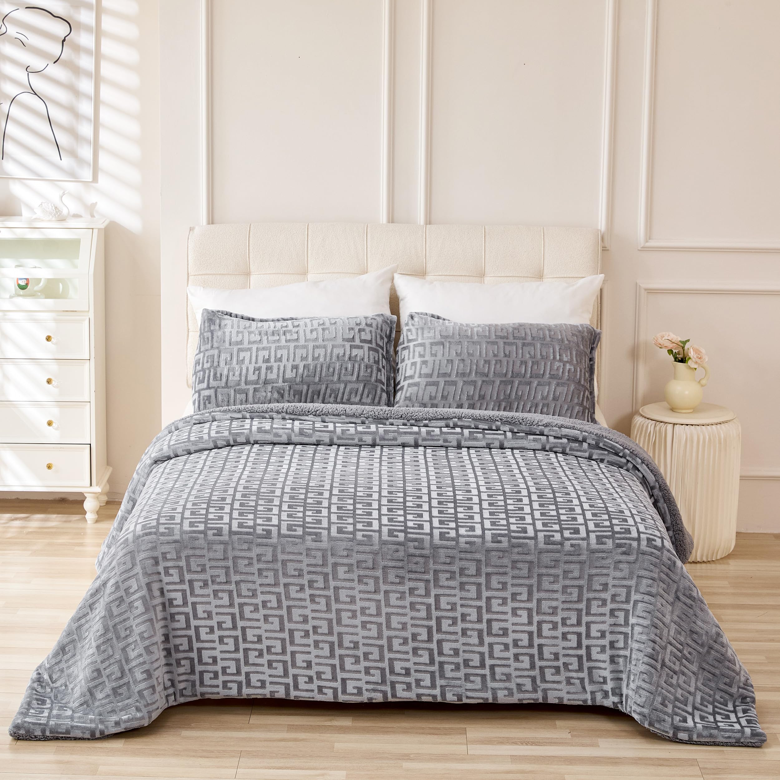 TIENDA EURASIA – Edredon | Nórdico | con Borreguito | Estampado | Reversible | Microfibra 100% Poliéster | Lavable a máquina a 30°C | Tacto Suave (Gris Claro, Cama 135/150 220x240 cm - 2 Fundas)