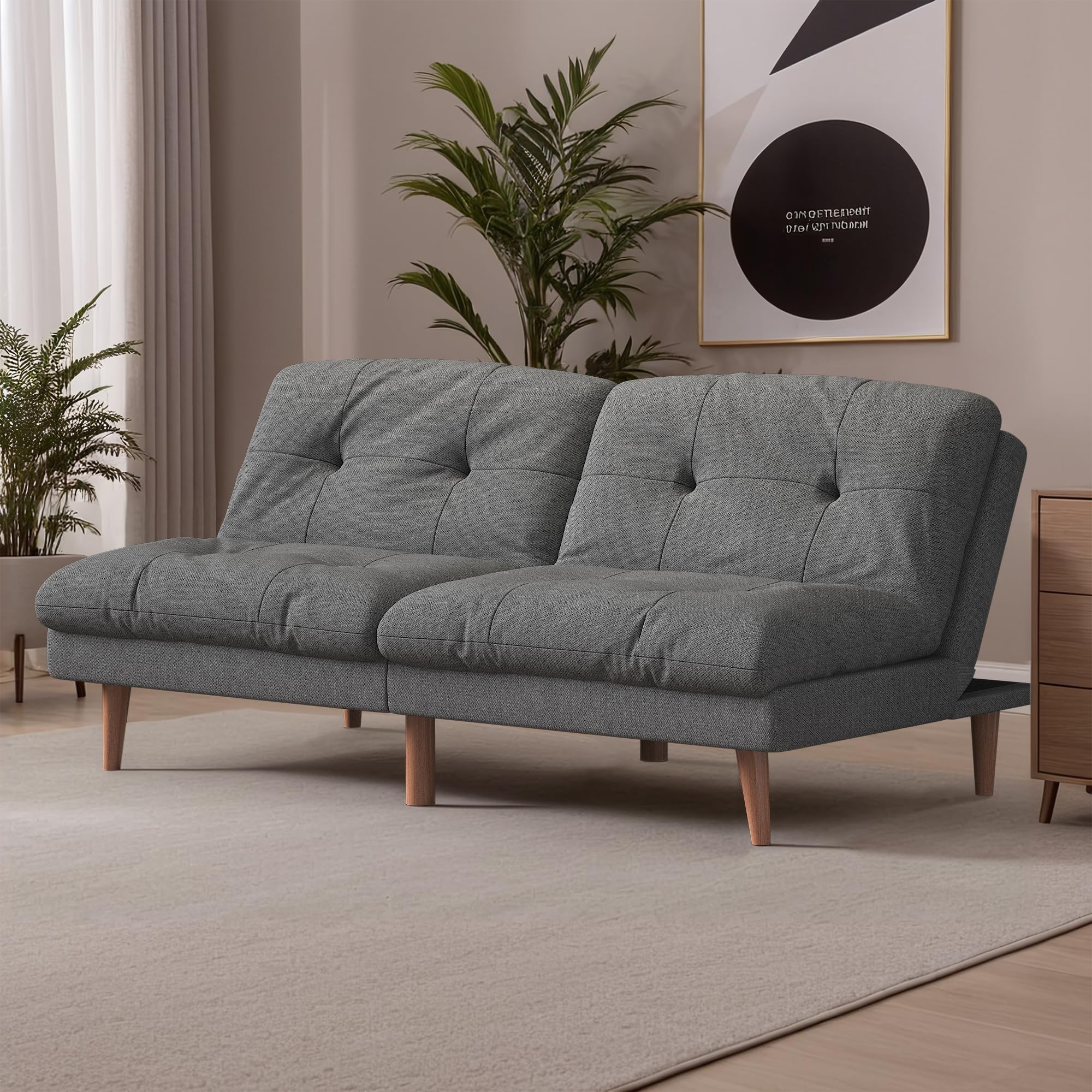 Flamaker 67'' Convertible Linen Futon Sofa Bed with Adjustable Backrest | Upholstered Sleeper Sofa Bed, Modern Solid Wood Frame Loveseat Couch for Apartment, Office & Small Spaces | Grey