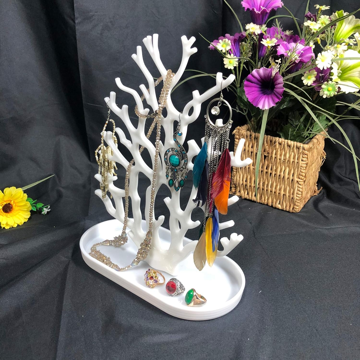 NewFerU Coral Tree Jewelry Hanging Stand Display Table Top Necklace Bracelet Holder Earring Hanger Organizer Rack Tower with a Ring Watch Dish Tray for Women Girls (White)