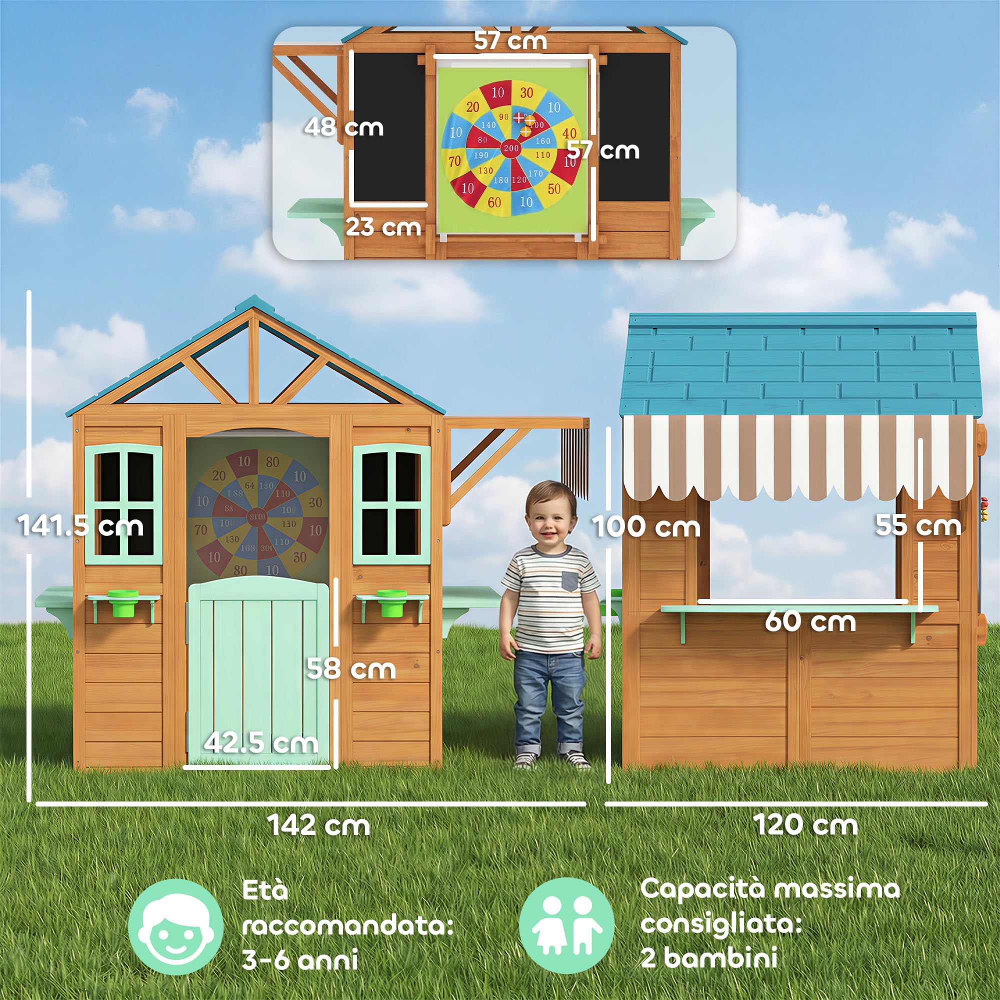 AIYAPLAY Casetta da Giardino per Bambini in Legno Abete, Casetta per Bambini Esterno, Finestra, Snack Bar, Mezza Porta, Portavasi, Telo Bersaglio, 4 Palline, Lavagna, 3-6 Anni, 142x120x141.5cm, Giallo