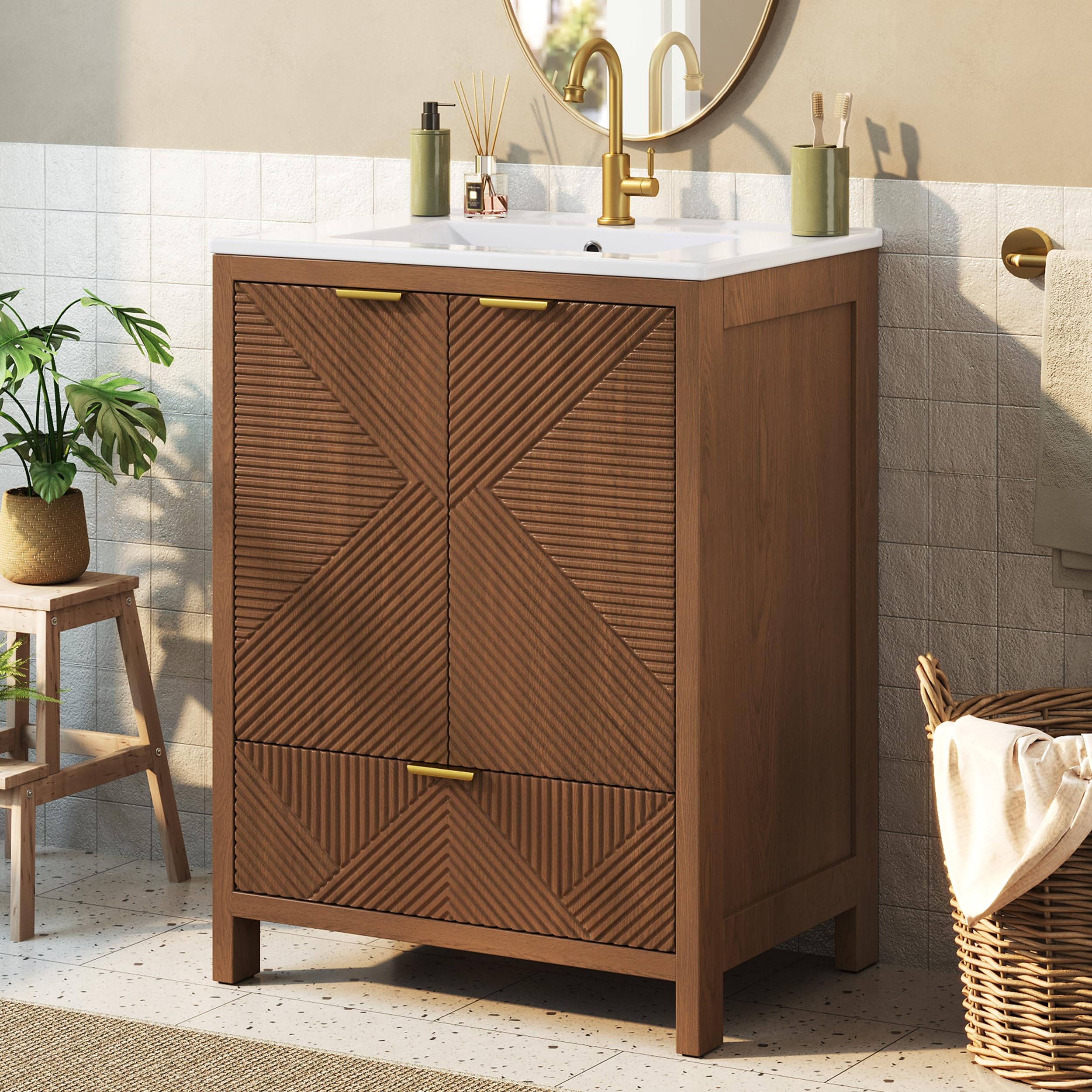 Merax Armario de lavabo con lavabo de cerámica de 61 cm, armario de baño con efecto ondas, 1 cajón y 2 puertas, cierre suave, estantes para puertas, nogal, 61 x 47 x 87 cm