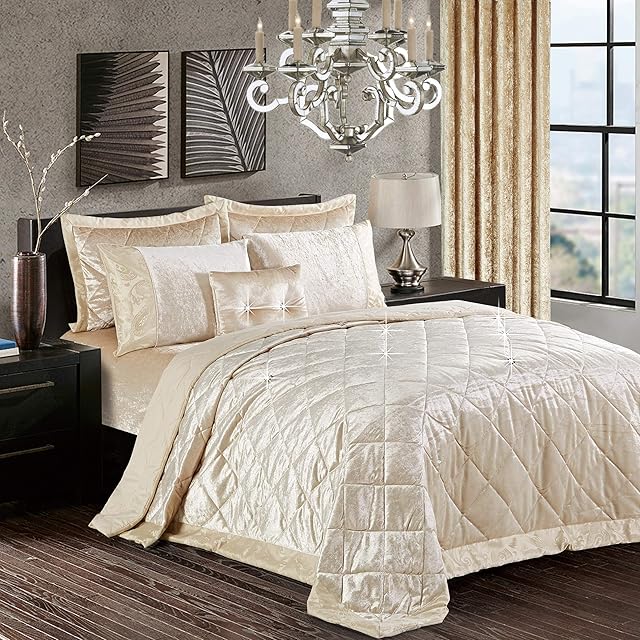 3 Pieces Crushed Velvet Bedspread Silver Comforters Bedding Set Bed Throw With 2 Pillow Shams (Santiago-B/S-Beige, Super King)