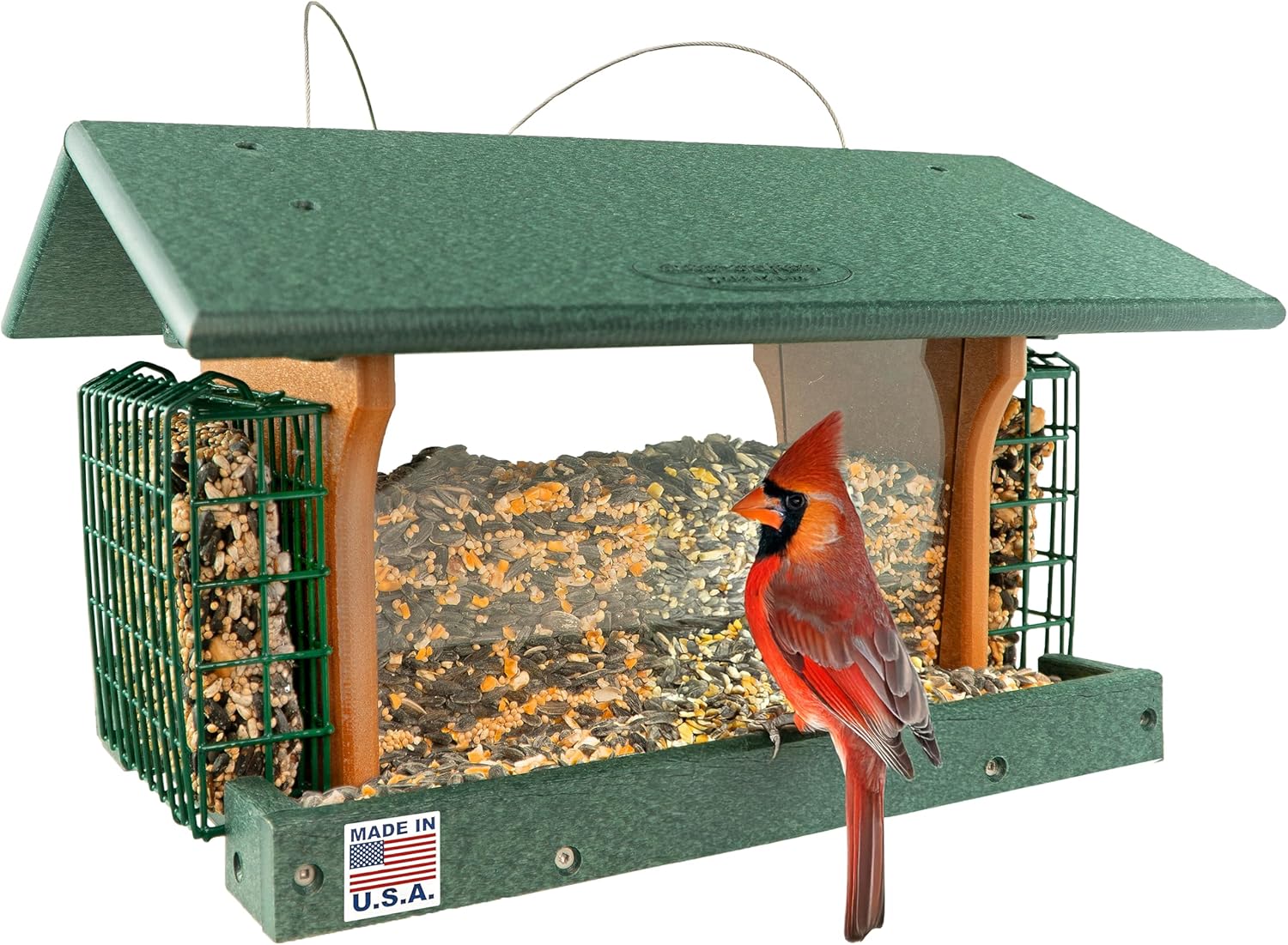 DutchCrafters Poly Hanging Large Hopper Bird Feeder with Two Suet Cake Holder Cages, Durable Long Lasting Outdoor Bird Feeder - Amish American Made in USA (Turf Green & Cedar)