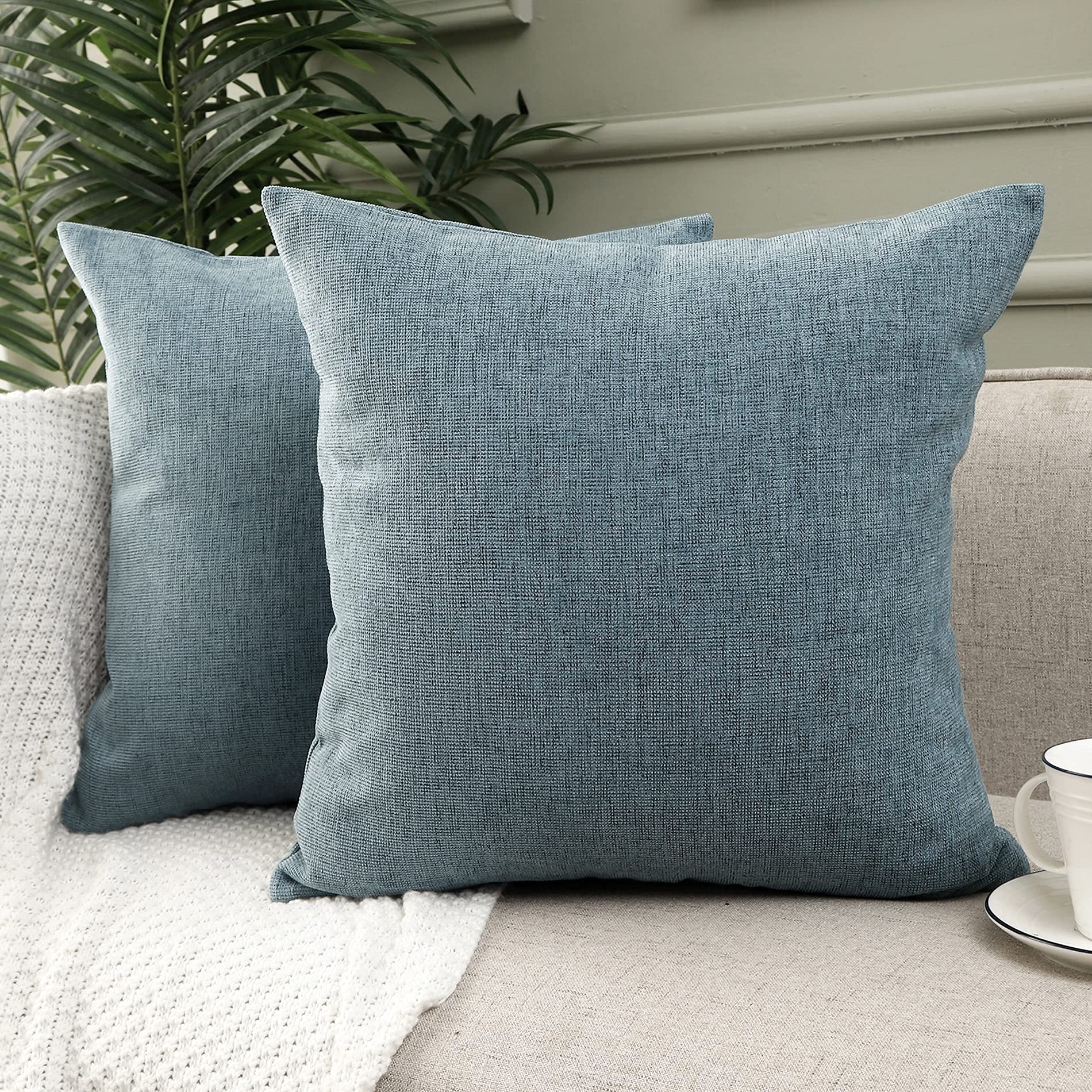 Jepeak Decorative Throw Pillow Covers Cases Pack of 2 Chenille Cozy Modern Concise Square Cushion Covers for Sofa Couch Bedroom Home Decoration, Cadet Blue 24 x 24 Inches