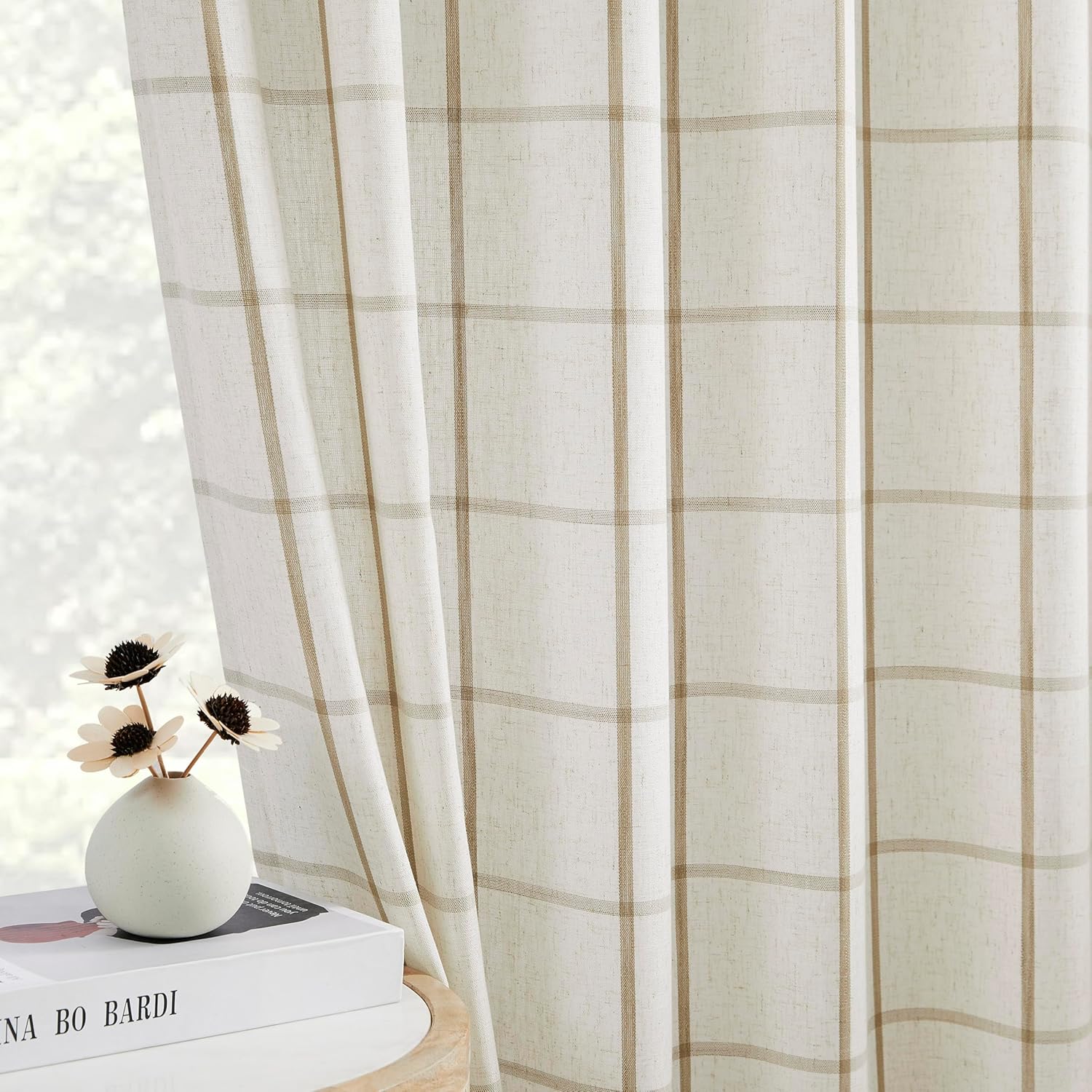 Central Park Plaid Pinch Pleated Curtain Panel Checkered Semi Sheer 90 Inch Flax Linen Blended Window Treatment Drape for Rustic Living Room Bedroom with Back Tabs Hooks, 40" L x90 W x2